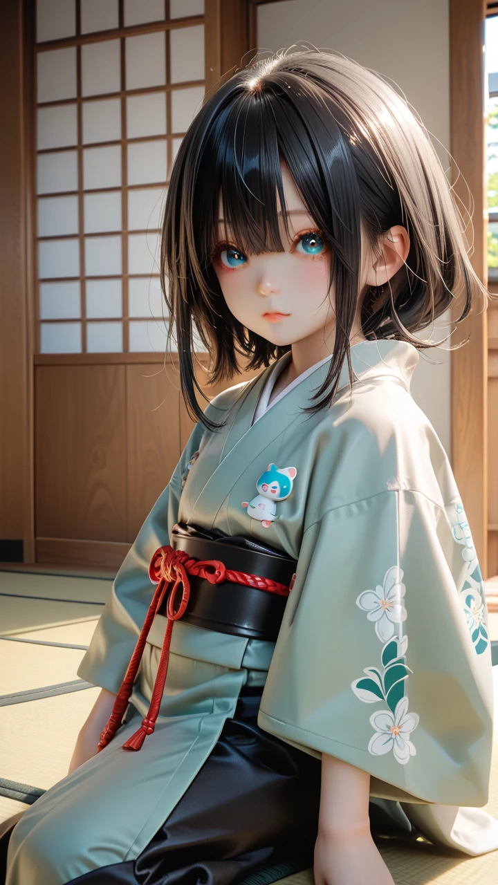 score_9,score_8_up,score_7_up,PVC figure,1girl,(small face:1.2),(Tiny eyes:1.3),look at Viewer,black hair,hair over eyes,long bangs,kimono,Japanese house,tatami mats,voyeurism,female focus,