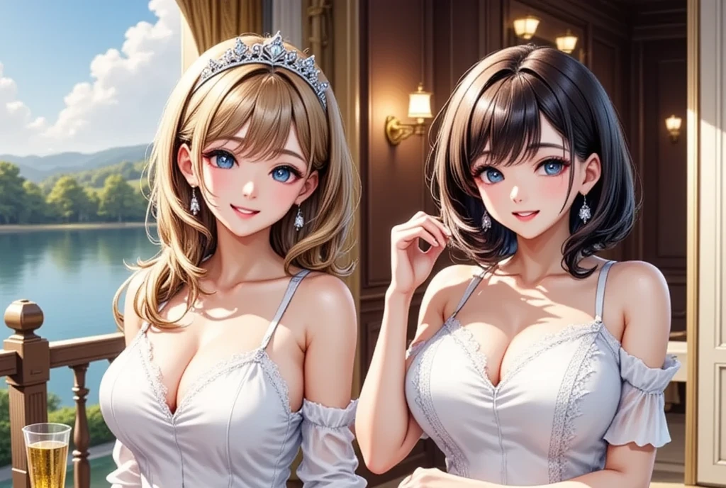 (masterpiece,  top quality :1.2),  2 Girls, Blonde long wavy hair wearing a tiara"European Princess"and the guest, the dark-haired semi-long beauty "Haruna" , The Noble Tea Party  ,  lakeside seen from the balcony ,  Anime Digital Art Style (( Glitter Effects ))