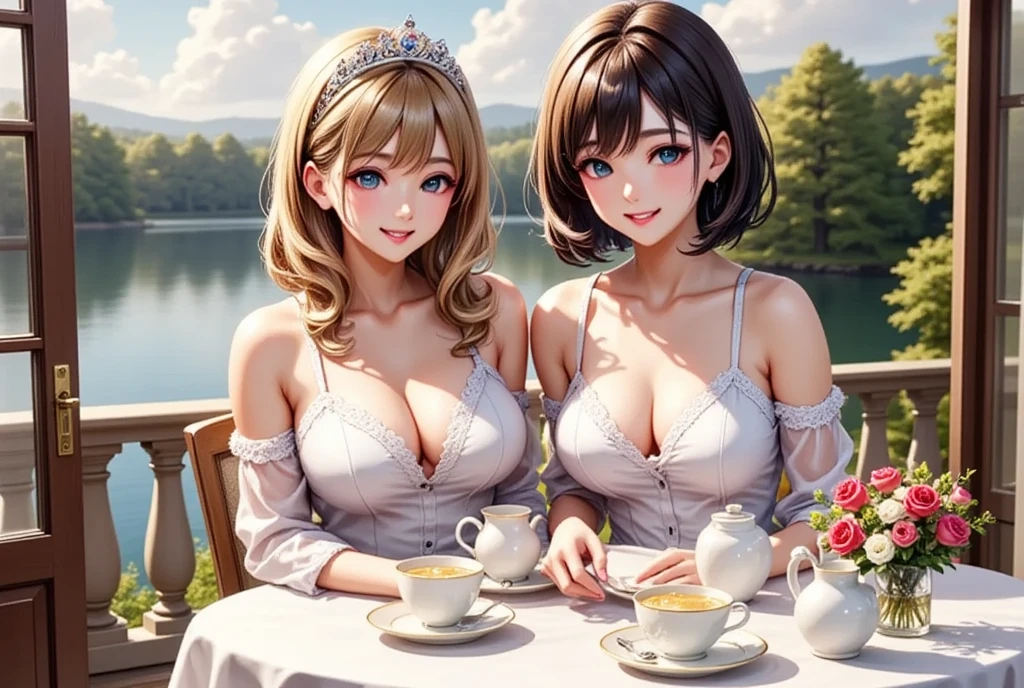 (masterpiece,  top quality :1.2),  2 Girls, Blonde long wavy hair wearing a tiara"European Princess"and the guest, the dark-haired semi-long beauty "Haruna" , The Noble Tea Party  ,  lakeside seen from the balcony ,  Anime Digital Art Style (( Glitter Effects ))