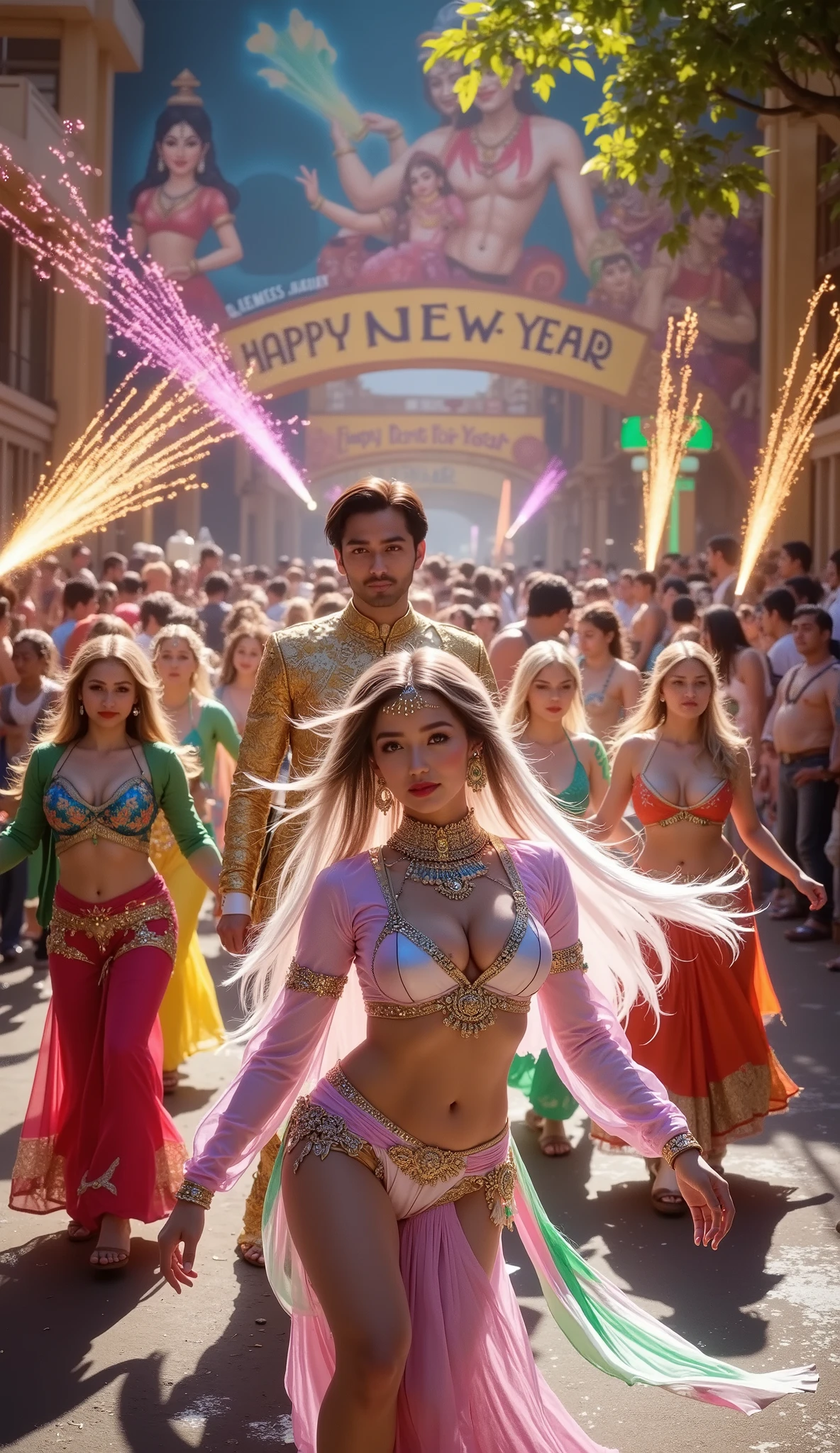 8K resolution, masterpiece, Highest quality, Award-winning works,
Indian new year party, bollywood movie, dancing maharaja, lots of firecrackers bursting, mayhem, prince and princess and several dancers dancing in a circle, sexy belly dance, belly dancer, (big banner which says "Happy new year":1.7), mural of hindu gods, Lakshmi