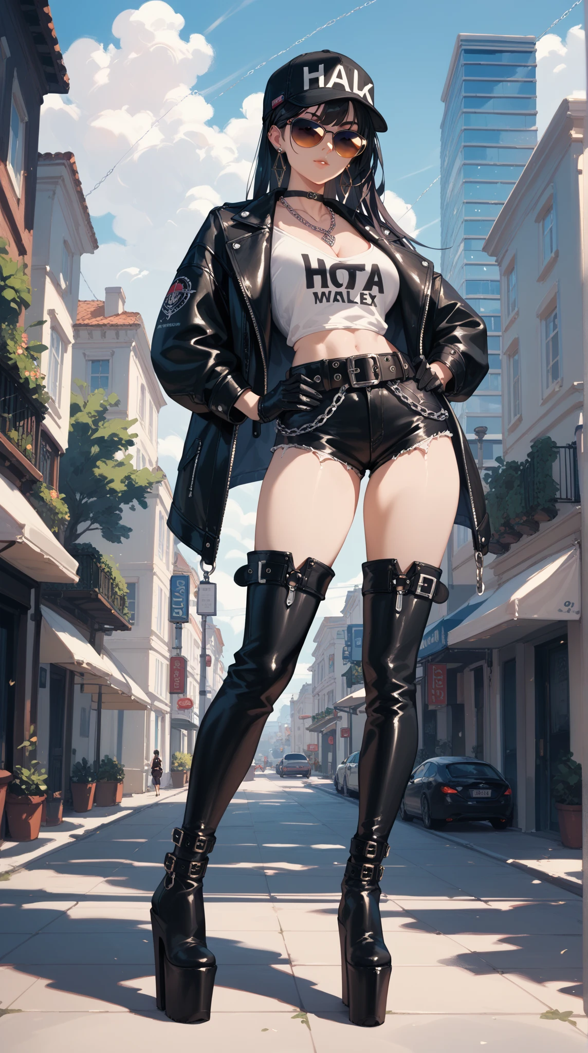  extra long platform thigh-high boots　Full body painting　cap black short leather jacket　 necklace　 black leather hotpants 　 thick belt　Black gloves　 necklace　 large belt buckle　Tall, long-legged woman　Chain wallet 　 long black hair 　 sunglasses　Hands on hips　earring single