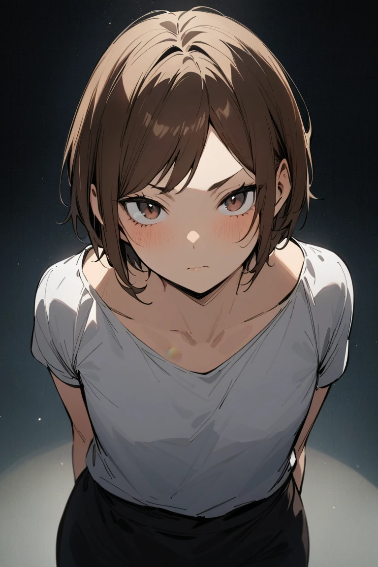 (masterpiece, best quality, high quality, highres, ultra-detailed), haikyuu character, 1girl, solo, looking at viewer, short brown hair in a pixie bob haircut, sparse bangs up to the eyebrows, dark brown eyes, rounded face, 163.6 cm, small rounded chest, rectangle figure