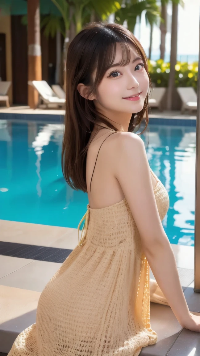 girl with the same face as last time、full body Esbian、４Ｋ、Competition swimwear, in poolside, sitting on、Brown hair long、Delicate facial expressions，ssmile，Taut skin，spreads her legs,Open your knees、 Beautiful Hada, Medium chest