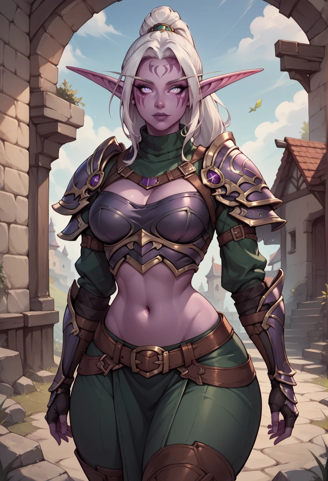 score_9, score_8_up, score_7_up, score_6_up, score_5_up, score_4_up, girl, night elf, purple skin, white hair, markings, large ponytail,  large breasrs, huge hips, gauntlets, navel, midriff, belt, green leggings, black armor tunic, turtleneck, fantasy background, cowboy shot