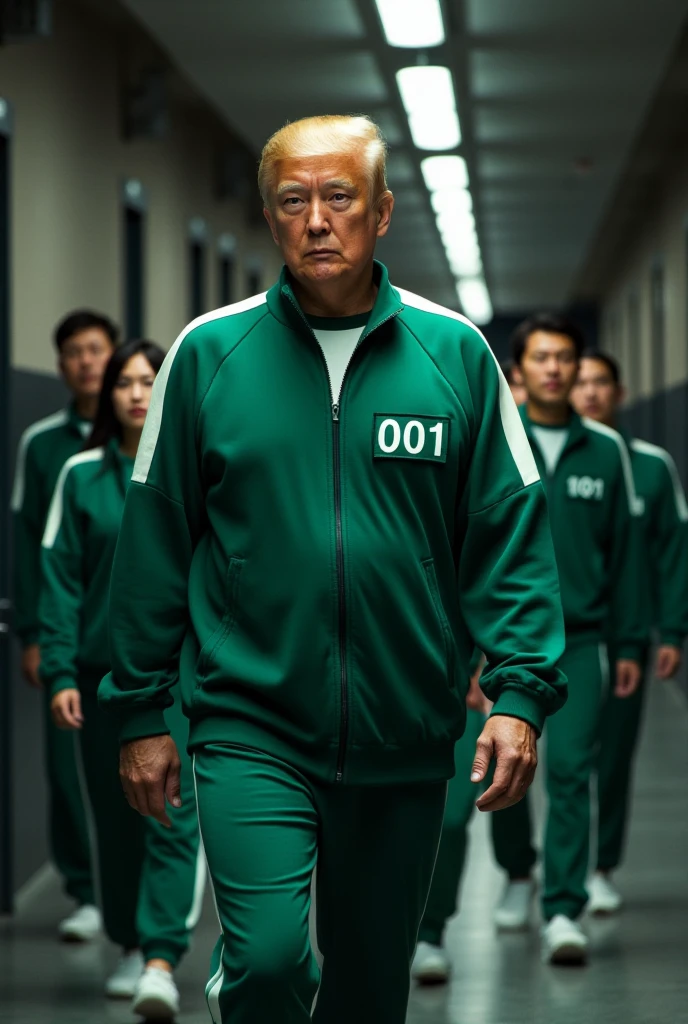 A male president america donald trump is walking, with a sharp gaze at the camera, he is wearing a green sports jacket with white stripes on the sleeves and there is a green box embroidery number "001". green track pants. The sports shirt has a zipper on the long part and two pockets on the side. clothes like in the squid game movie. has a serious expression on his face and looks directly at the camera. he poses walking, the background of the hallway with three long lights on the roof illuminates. and there are ten people with the same clothes walking behind. cinematic