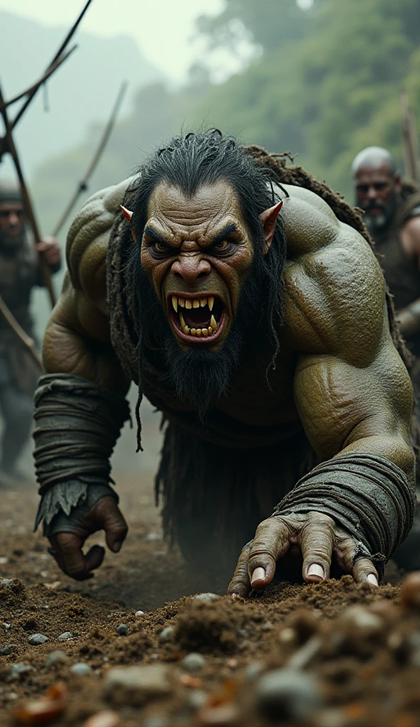 creates a medieval fantasy image of an orc attacking a human