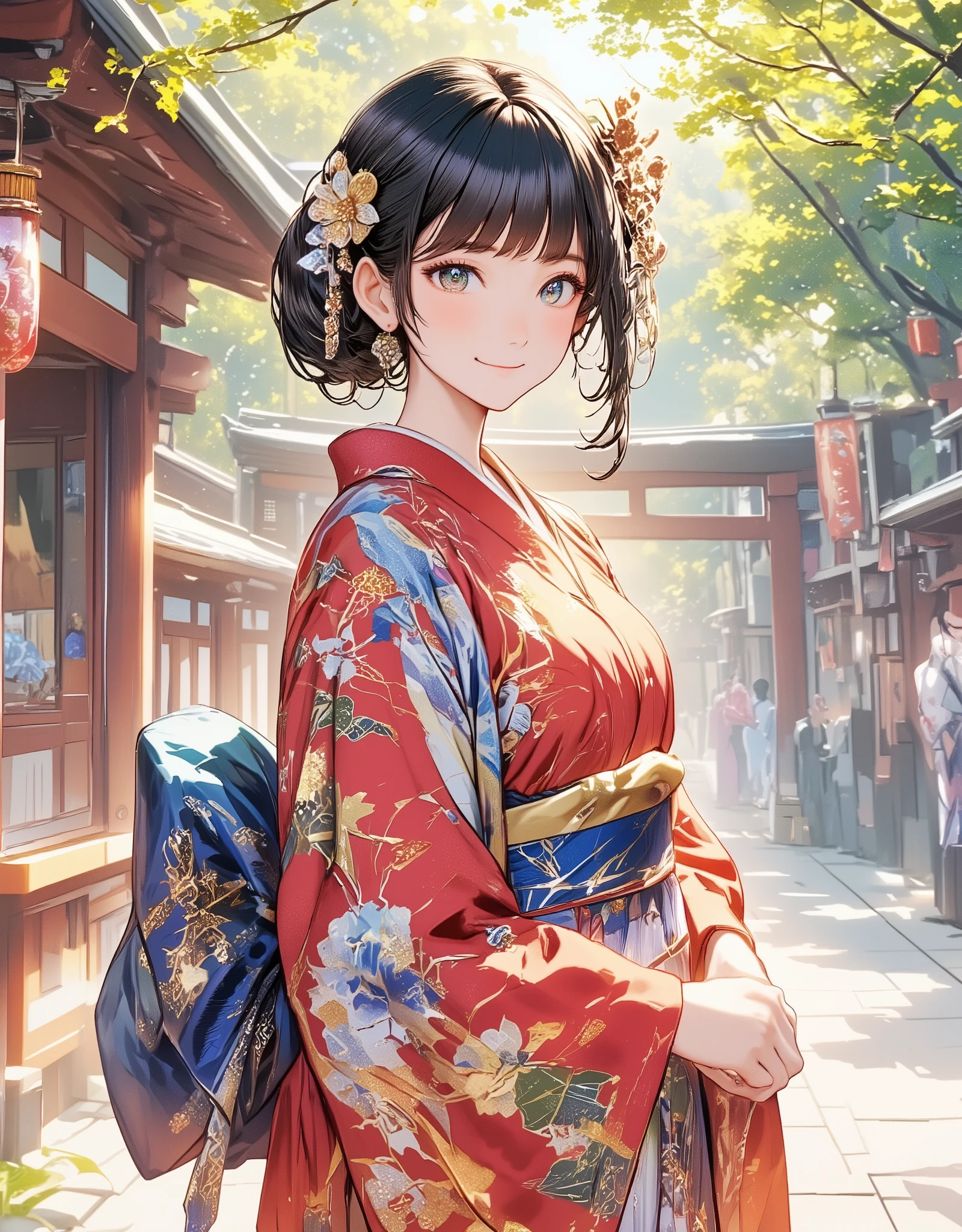  highest image quality taken by Ki、 anatomically accurate human body structure、Awareness-raising、 absurd、Professional photography、 upper body shot above the knee 、 Japanese girl standing wearing a gorgeous Japanese kimono、beautiful anime 、 the face of a top Japanese idol 、 Japanese New Year、first visit of the year to a shrine、 Japanese shrines 、New Year&#39;s pine decoration、Very bright expression、Smiling Japanese girl 、 High Quality 、One young woman、 20-year-old very cute woman 、Height: 159cm、Slim slender figure 、 watching here、Japan's gorgeous and beautiful red sunny clothes 、 wearing beautiful Japanese kimonos 、I can see a gorgeous and beautiful Japanese kimono obi 、Very beautiful hair ornament 、With bangs、Hairstyles that match kimonos 、 detailed and realistic eyes、 beautiful catchlight on the eyes、 detailed and realistic long eyelashes 、 detailed and realistic eyebrows 、 detailed and realistic moisturized lips 、Detailed and beautiful black hair 、 only one woman and no others 、Show your hands as little as possible、Accurate hand shape、Accurate finger count、Accurate hand finger shape 、