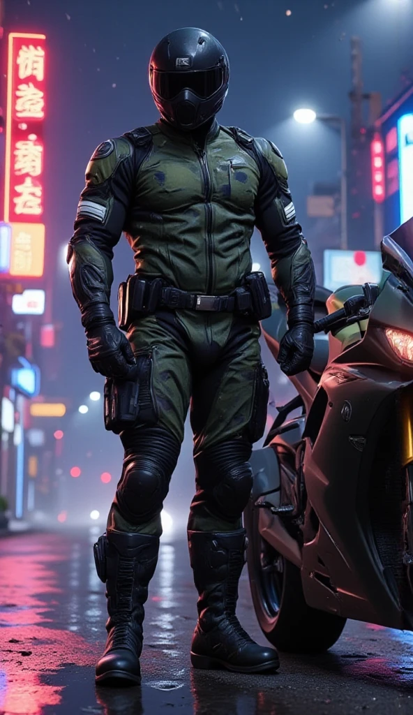 A full-body image of a muscular adult male dressed in military tactical gear, wearing a camouflage leather full-body suit, camouflage mask and camouflage Racing Boots. The sleek leather outfit provides full coverage, exuding a dark and intense atmosphere. The scene is illuminated by low light, casting dramatic shadows that enhance the mysterious and powerful presence. He stands beside a heavy-duty military camouflage 1000cc Sportbike , ready for action, in a futuristic cyberpunk city street filled with neon lights and advanced technology. The composition emphasizes his commanding stance and the tactical precision of his gear, blending a sleek, futuristic aesthetic with a gritty, law enforcement vibe.,future army,Racing Helmet,army green camouflage.snow.Christmas