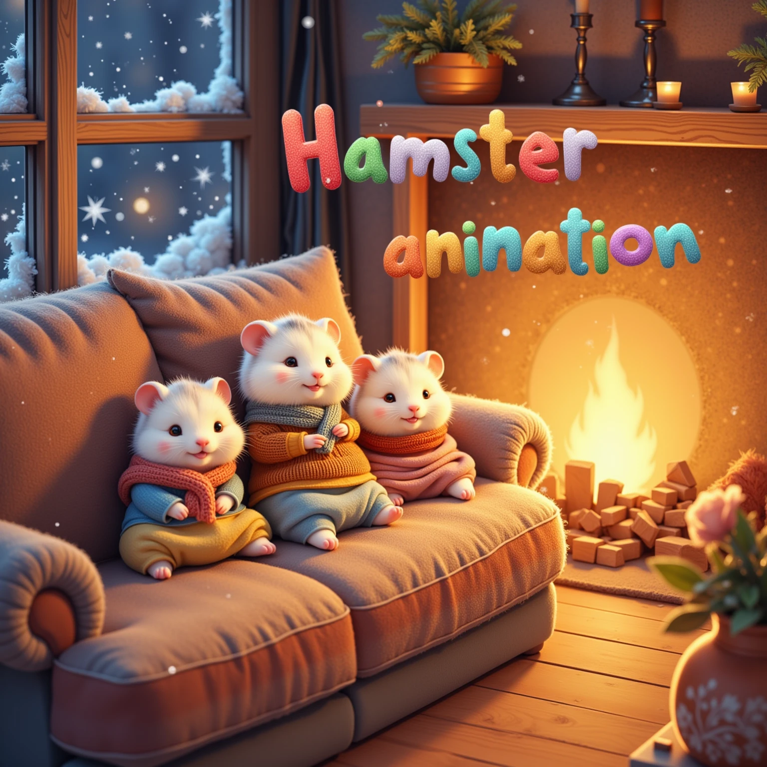 Craft a delightful outdoor winter scene featuring cute hamsters dressed in bright knitted hats and scarves, cheerfully building a snowman. These lively hamsters are portrayed in mid-action, with one rolling a large snowball while others gather sticks and stones for the snowman's features. The background reveals a picturesque forest blanketed in a pristine layer of snow, providing a serene and majestic backdrop to the lively scene. Snowflakes delicately drift down, enhancing the playfulness and beauty of the moment. The natural lighting casts a soft glow, highlighting the vibrant colors of the hamsters' winter attire against the white landscape. The snowman, adorned with a whimsical carrot nose and playful sticks for arms, stands proudly amidst the bustling activity. Above, incorporate the phrase "Hamster Anime" to appear as if made of snow, seamlessly blending with the evocative winter aesthetics of the scene, and add a playful charm to this adorable winter tableau.