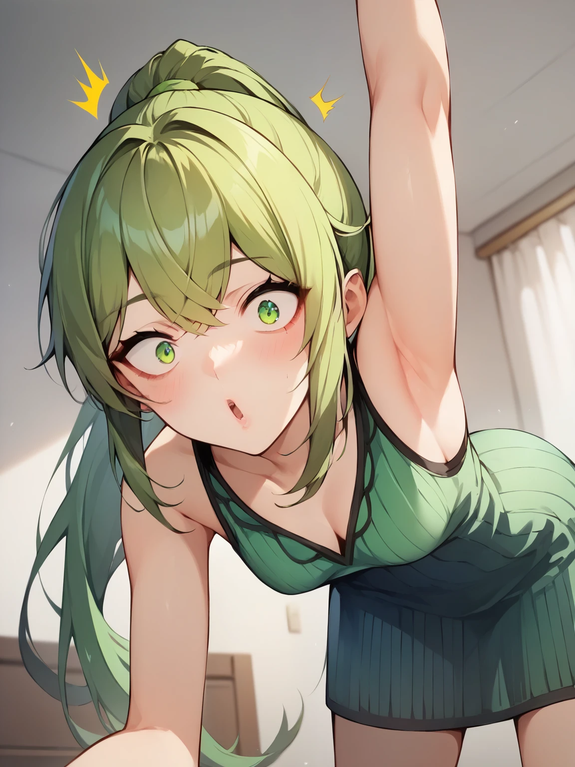 score_9,   score_8_ up,   score_7_ up,   score_6_ up,   score_5_ up,   score_4_ up,  source_Anime line break ，nsfw，   top quality  ，  masterpiece ，  masterpiece ， S uper detailed ,   top quality , (((  shows off split bangs ,  long hair,    Ponytail,bangs,Thin face,Sharp green eyes，   small breasts， knitted dress， surprised, Blushed)))， very high quality，   very delicate and beautiful，  hyperdetail ，Dynamic resolution   ，     sharp concentration   ，   anime style ，  stand on all fours， from below，indoor，bedroom，  Girl Temptation，