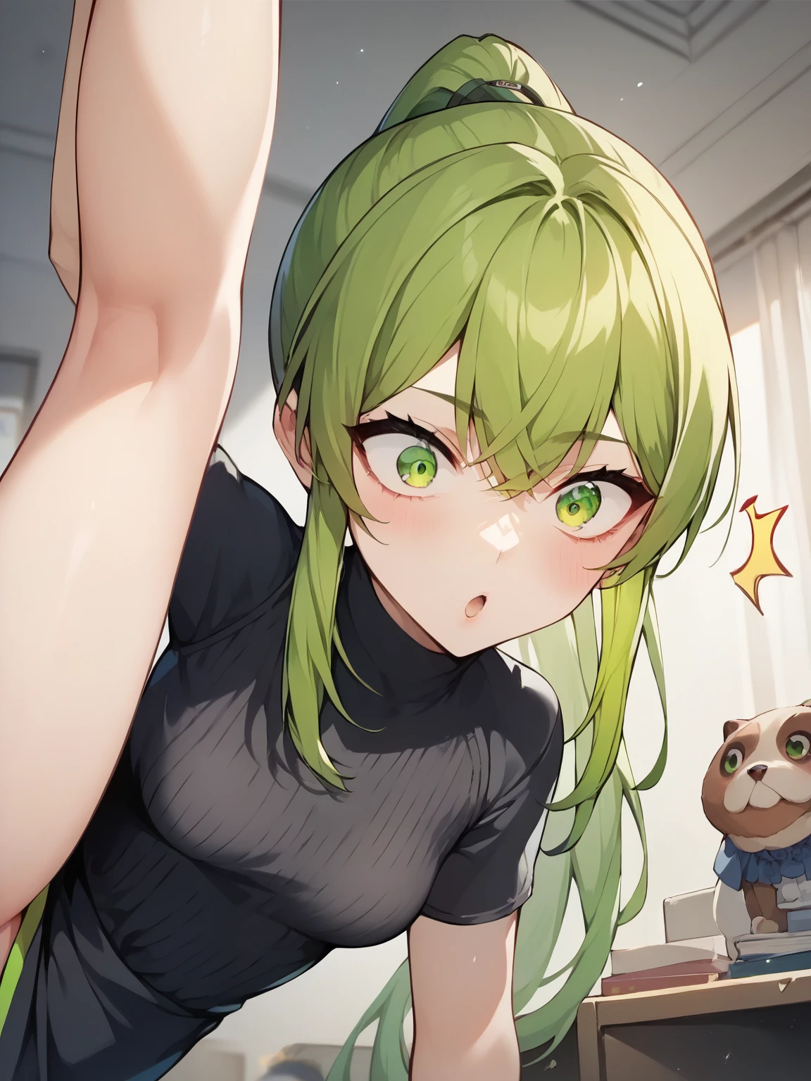 score_9,   score_8_ up,   score_7_ up,   score_6_ up,   score_5_ up,   score_4_ up,  source_Anime line break ，nsfw，   top quality  ，  masterpiece ，  masterpiece ， S uper detailed ,   top quality , (((  shows off split bangs ,  long hair,    Ponytail,bangs,Thin face,Sharp green eyes，   small breasts， knitted dress， surprised, Blushed)))， very high quality，   very delicate and beautiful，  hyperdetail ，Dynamic resolution   ，     sharp concentration   ，   anime style ，  stand on all fours， from below，indoor，bedroom，  Girl Temptation，