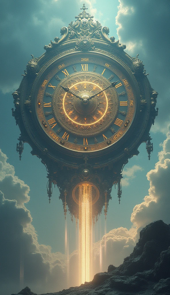 A giant clock suspended in the sky, with rays of light emerging from it ...