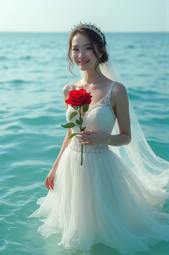 (masterpiece, Highest quality, 8K, High resolution),(Realistic skin texture, Perfect Face, Realistic, Perfect hands, Perfect finger count, Japanese, Girl), (16 years old), Big Eyes, Brown eyes, Light brown hair, bangs, short hair, Red hair ribbon, Small face, Smile, (Lace frilled dress, Cameltoe, Corsage of red roses)), Are standing, Lift up the skirt, Sandy Beach, Blue sky and clouds, Hair blowing in the wind, Low - Angle