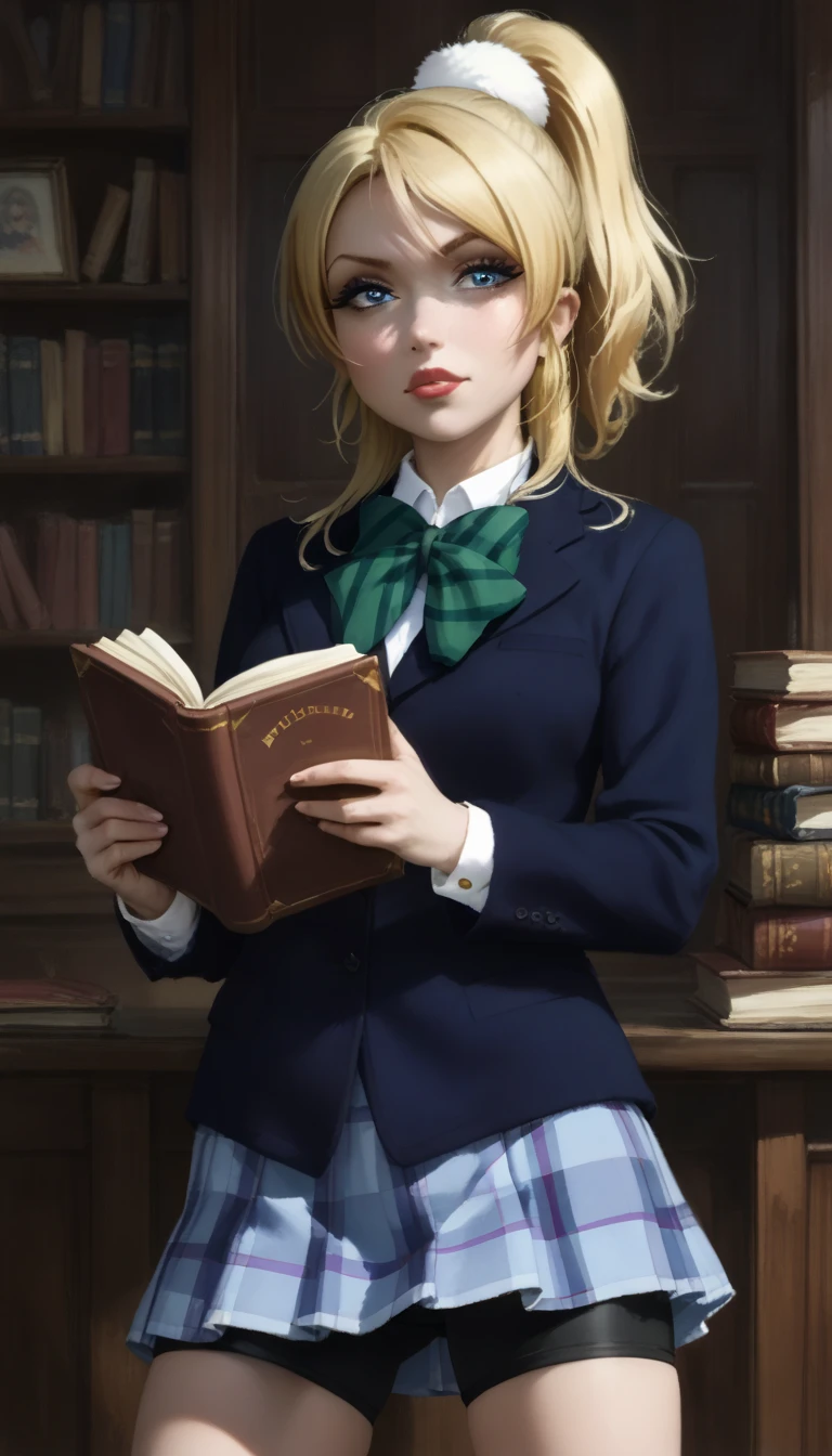 realistic,a girl ,solo, adult face, blonde hair, blue eyes, ponytail, hair ribbon, otonokizaka school uniform,winter uniform, blue blazer, green striped bow tie ,shirt, skirt,bike shorts under skirt ,rouge lips, standing ,from front ,Books Exhibition Venue, indoor hall,small