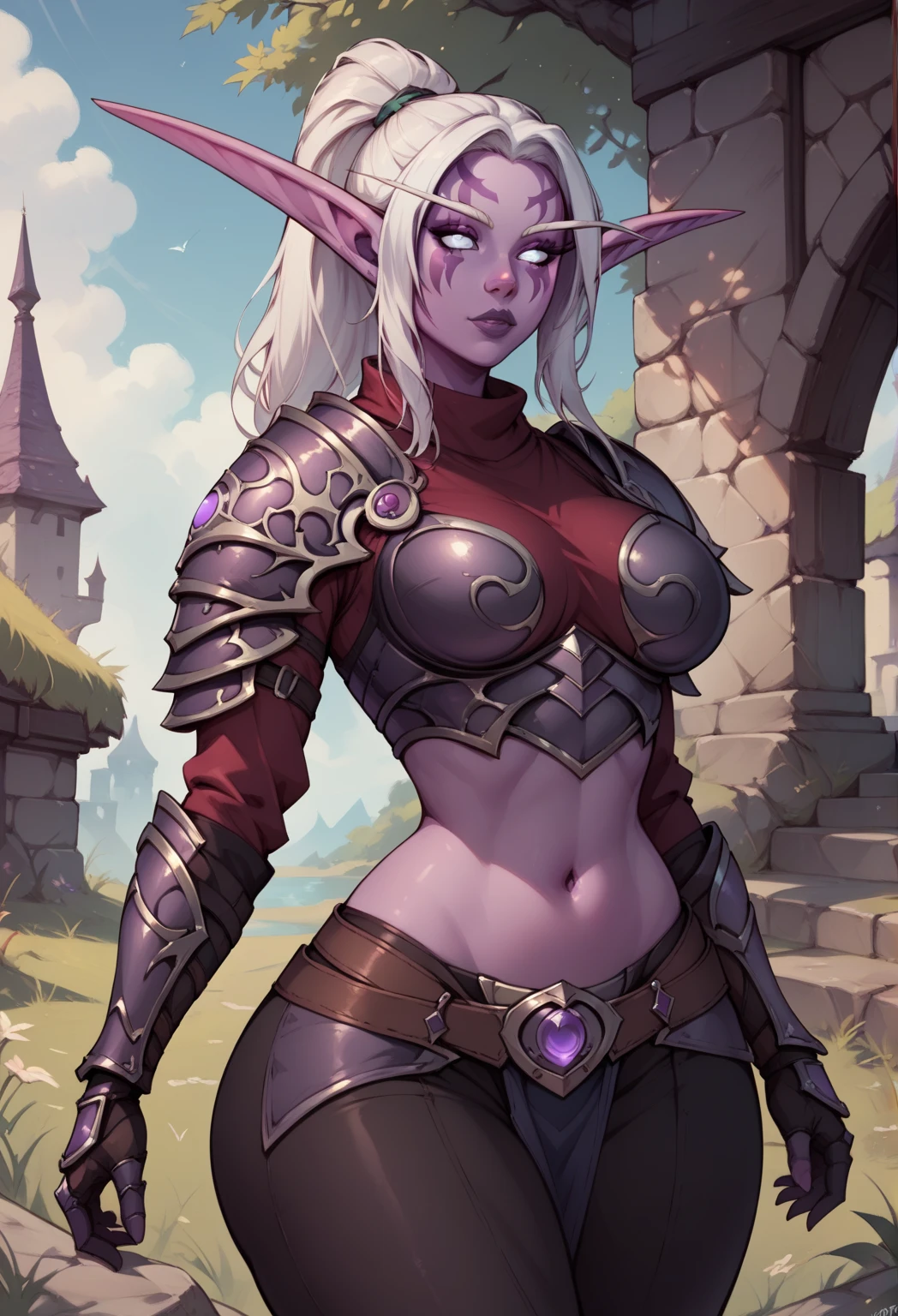 score_9, score_8_up, score_7_up, score_6_up, score_5_up, score_4_up, girl, night elf, purple skin, white hair, markings, large ponytail,  large breasts, cleavahe, huge hips, gauntlets, navel, midriff, belt, green leggings, black armor tunic, turtleneck, fantasy background, cowboy shot