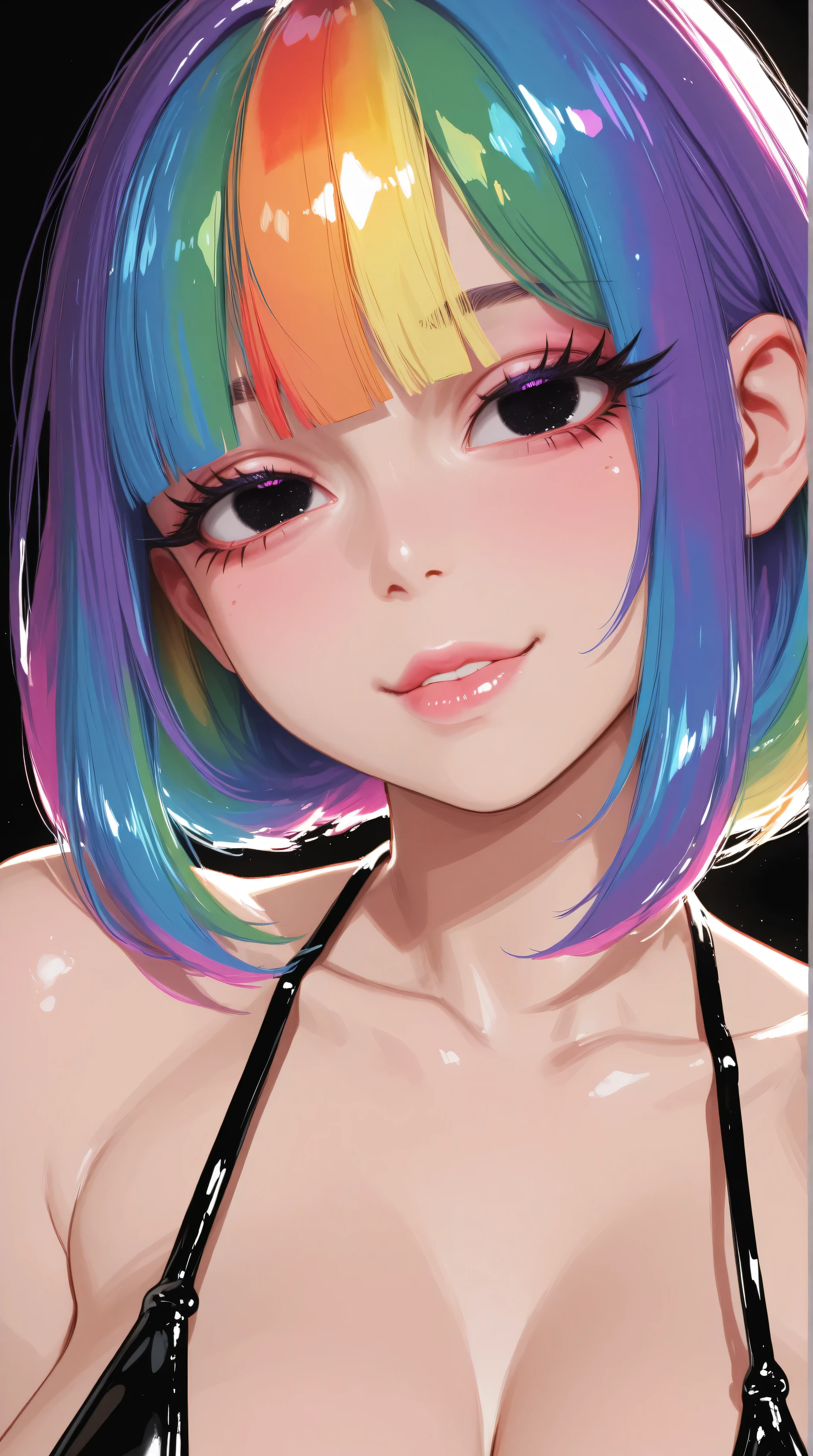 asian high school girl, plunging neckline, rainbow hair, bangs, with colorful eyes and huge eyelashes, Lewd, horny, huge breasts, edgy graphic design with a multi neon colored palette, (sexy pose), seducing viewer, big black eyes, ulzzang, portrait, (anime), manga, sexy, irridescent rainbow Latex, 8k,Highest quality,masterpiece, Sharp focus, solid black background, soft lighting,
