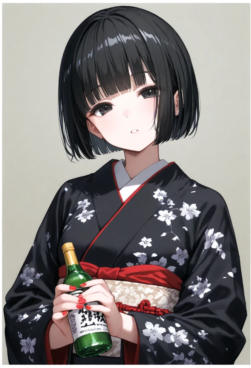 obi, 1girl, black hair, short hair, black eyes, bob cut, parted lips, blunt bangs, japanese clothes, kimono, floral print, sash, long sleeves, looking at viewer, head tilt, bottle, solo, holding, print kimono, simple background, grey background, upper body, border, holding bottle, black kimono, nail polish, red nails, white border, eguchi hisashi style,