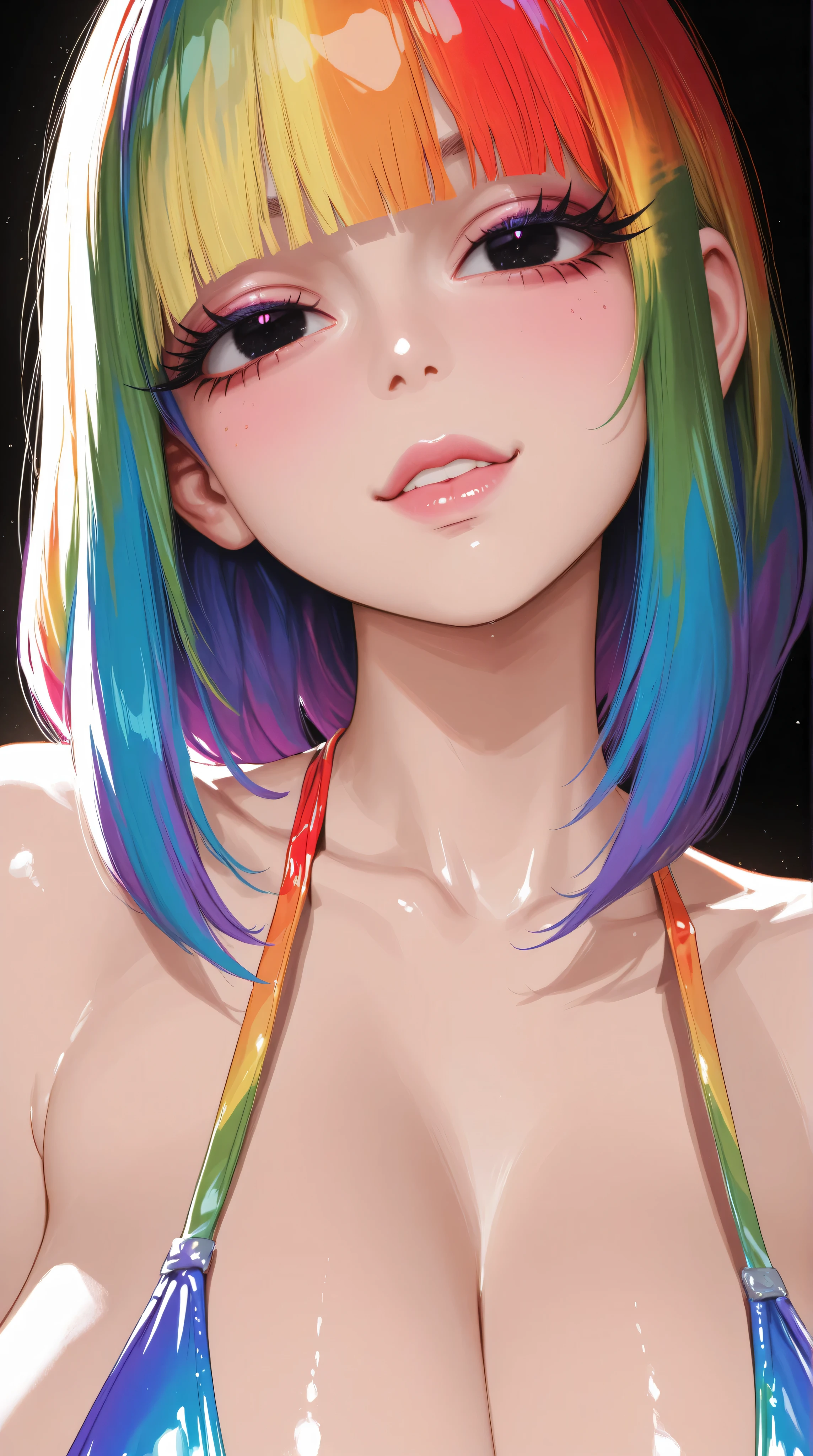 asian high school girl, plunging neckline, rainbow hair, bangs, with colorful eyes and huge eyelashes, Lewd, horny, huge breasts, edgy graphic design with a multi neon colored palette, (sexy pose), seducing viewer, big black eyes, ulzzang, portrait, (anime), manga, sexy, irridescent rainbow Latex, 8k,Highest quality,masterpiece, Sharp focus, solid black background, soft lighting,