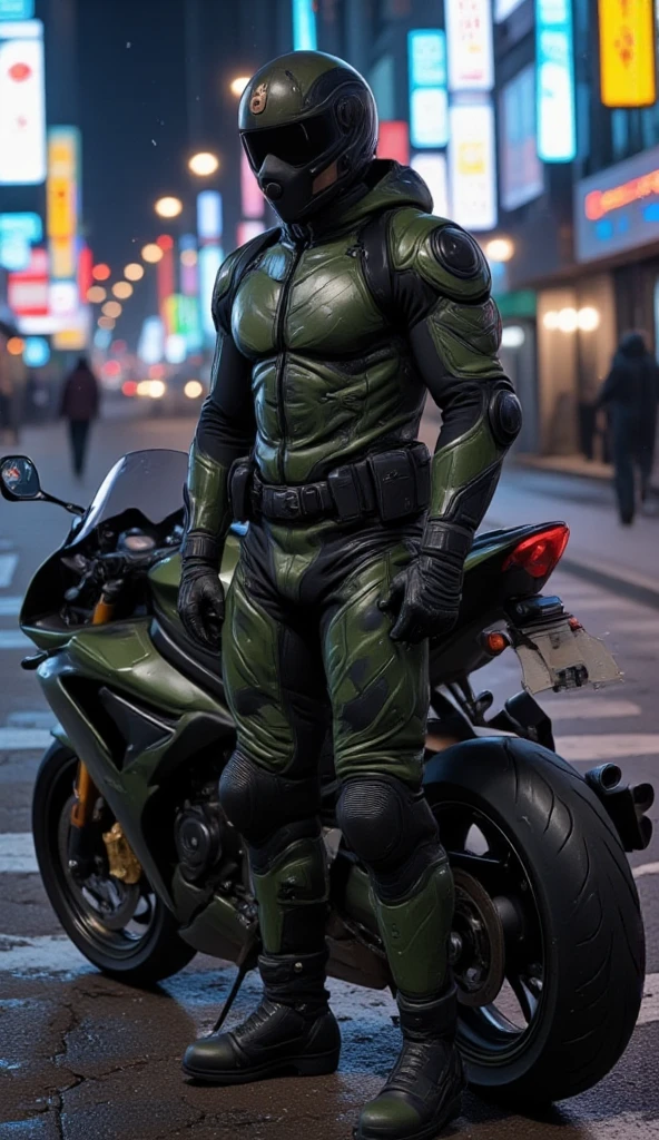 A full-body image of a muscular adult male dressed in military tactical gear, wearing a camouflage leather full-body suit, camouflage mask and camouflage Racing Boots. The sleek leather outfit provides full coverage, exuding a dark and intense atmosphere. The scene is illuminated by low light, casting dramatic shadows that enhance the mysterious and powerful presence. He stands beside a heavy-duty military camouflage 1000cc Sportbike , ready for action, in a futuristic cyberpunk city street filled with neon lights and advanced technology. The composition emphasizes his commanding stance and the tactical precision of his gear, blending a sleek, futuristic aesthetic with a gritty, law enforcement vibe.,future army,Racing Helmet,army green camouflage.snow.Christmas.@_@
empty_eyes