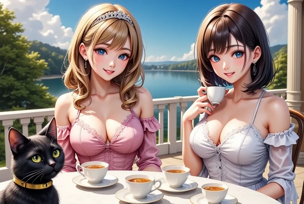 (masterpiece,  top quality :1.2),  2 Girls,  long blonde wavy hair wearing a tiara"European Princess"and the guest, the dark-haired semi-long beauty "Haruna" , The Noble Tea Party  ,  Lake Side Seen from Balcony , A black cat wearing a bell is nostalgic  ,  Anime Digital Art Style (( Glitter Effects ))