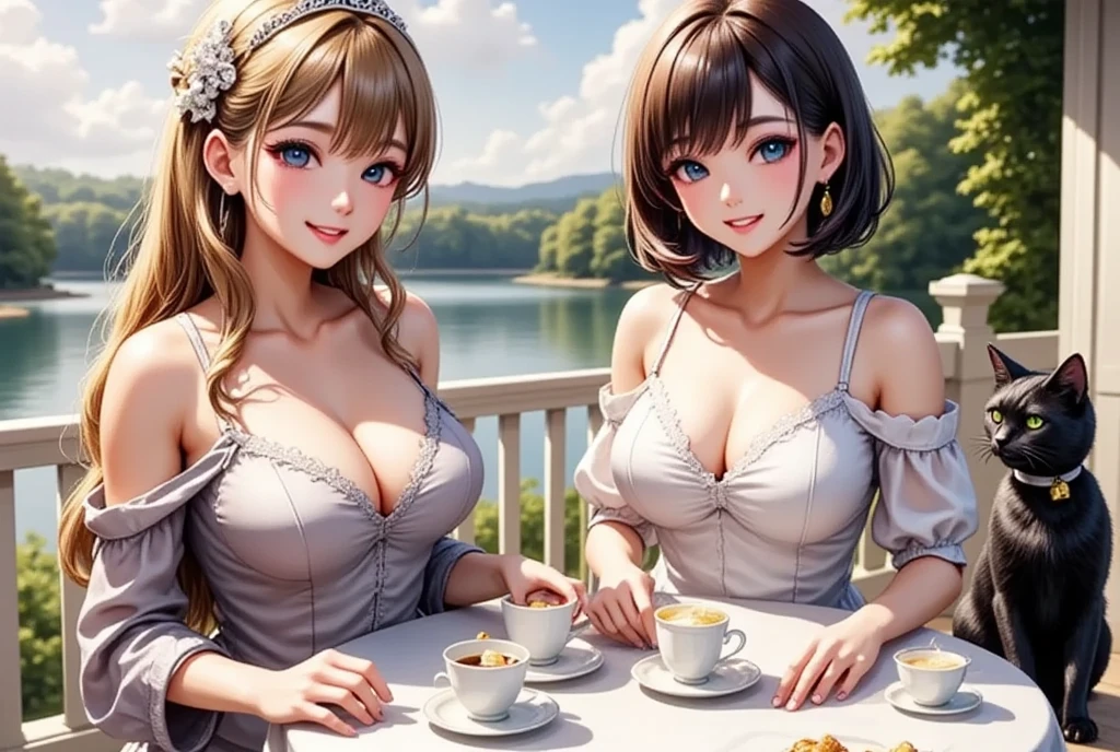 (masterpiece,  top quality :1.2),  2 Girls,  long blonde wavy hair wearing a tiara"European Princess"and the guest, the dark-haired semi-long beauty "Haruna" , The Noble Tea Party  ,  Lake Side Seen from Balcony , A black cat wearing a bell is nostalgic  ,  Anime Digital Art Style (( Glitter Effects ))