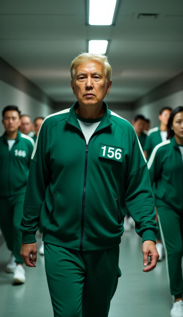 A male president  donald trump is walking, with a sharp gaze at the camera, he is wearing a green sports jacket with white stripes on the sleeves and there is a green box embroidery number. green track pants. The sports shirt has a zipper on the long part and two pockets on the side. clothes like in the squid game movie. has a serious expression on his face and looks directly at the camera. he poses walking, the background of the hallway with three long lights on the roof illuminates. and there are ten people with the same clothes walking behind. cinematic