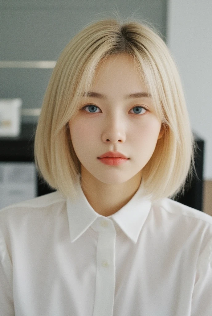 (超A high resolution、Photorealsitic、realisitic、top-quality、Photorealsitic)、(in 8K、top-quality、masterpiece)、(auto white balance)、Technical sense、finely detail、extremely delicate and beautiful、foco nítido、Rich background、(realperson、a picture)、(((High Detail Skin)))、(kawaii girl、Lori、18year old、college aged、a blond)、(((Short Bob Hair、Bangs)))、(Troubled face)、((Fashionable、white shirt、long-sleeve))、(full bodyesbian、The perspective of the human eye)