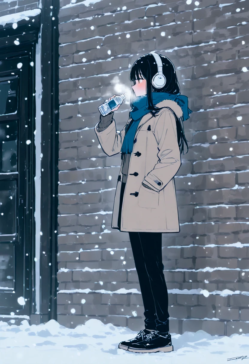 1girl, black hair, long hair, profile, headphones, blush, scarf, pants, shoes, long sleeves, sweater, standing, hand in pocket, coat, bottle, snow, solo, snowing, holding, limited palette, signature, black pants, white footwear, brick wall, blue scarf, flat color, 