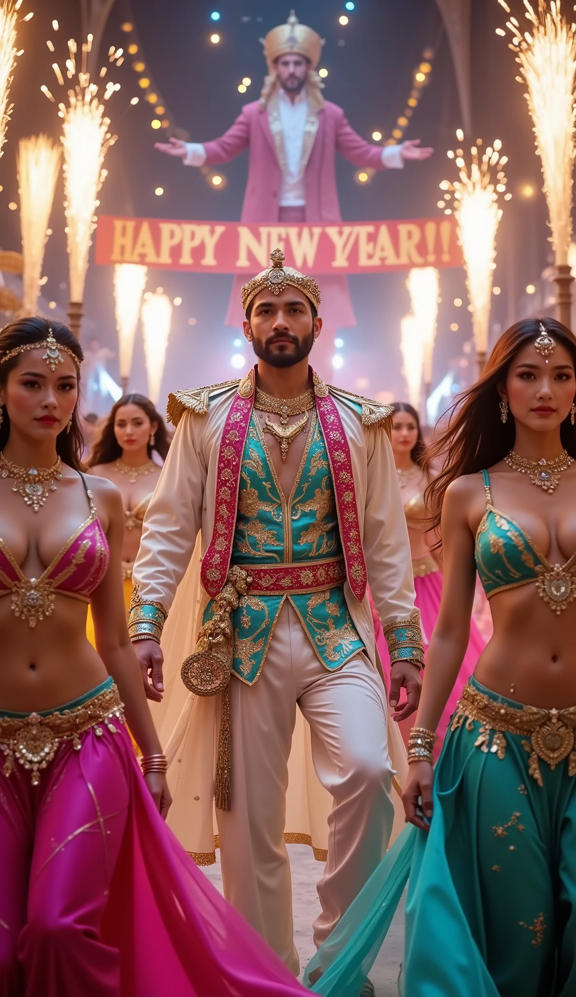 8K resolution, masterpiece, Highest quality, Award-winning works,
Indian new year party, bollywood movie, dancing maharaja, lots of firecrackers bursting, mayhem, princess and several dancers dancing in a circle, sexy belly dance, belly dancer, (big banner which says "Happy new year":1.7)