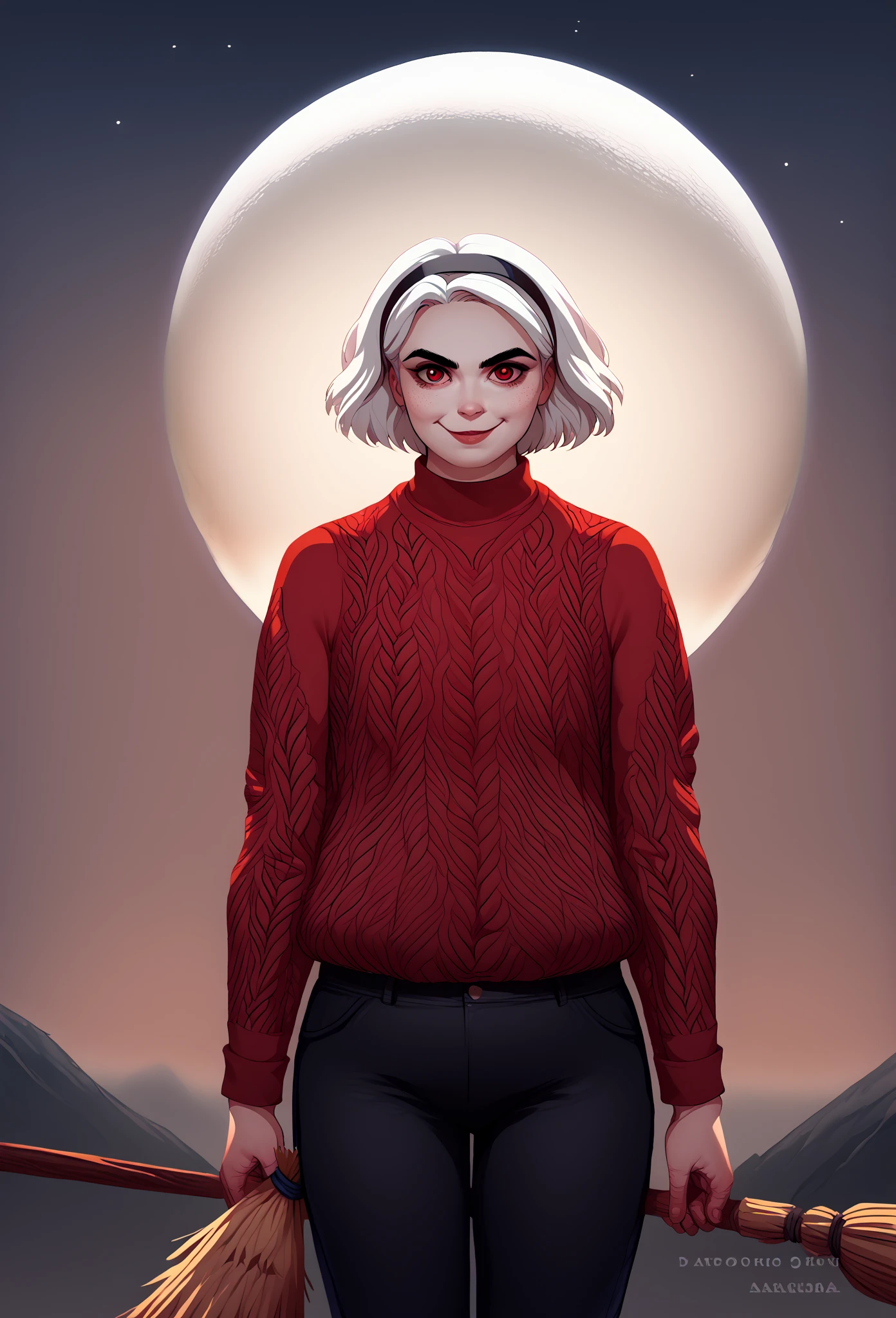 , score_9, score_8_up, score_7_up, score_6_up, score_5_up, score_4_up, looking at viewer, Sabrina(big fat body), 1girl, moon, solo, red eyes, broom, white hair, hairband, pants, sky, looking at viewer, smile, sweater, long sleeves, black pants, holding, short hair, (clothes that fit your big, fat body size).