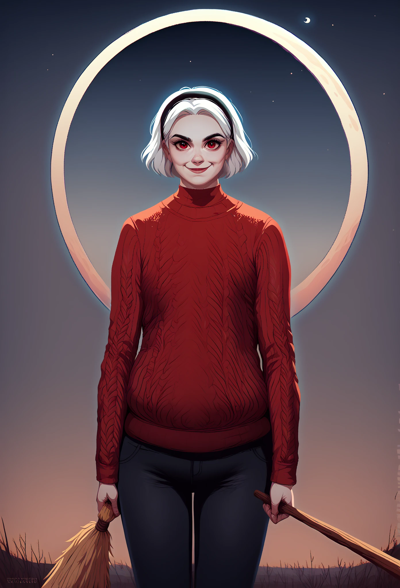 , score_9, score_8_up, score_7_up, score_6_up, score_5_up, score_4_up, looking at viewer, Sabrina(big fat body), 1girl, moon, solo, red eyes, broom, white hair, hairband, pants, sky, looking at viewer, smile, sweater, long sleeves, black pants, holding, short hair, (clothes that fit your big, fat body size).