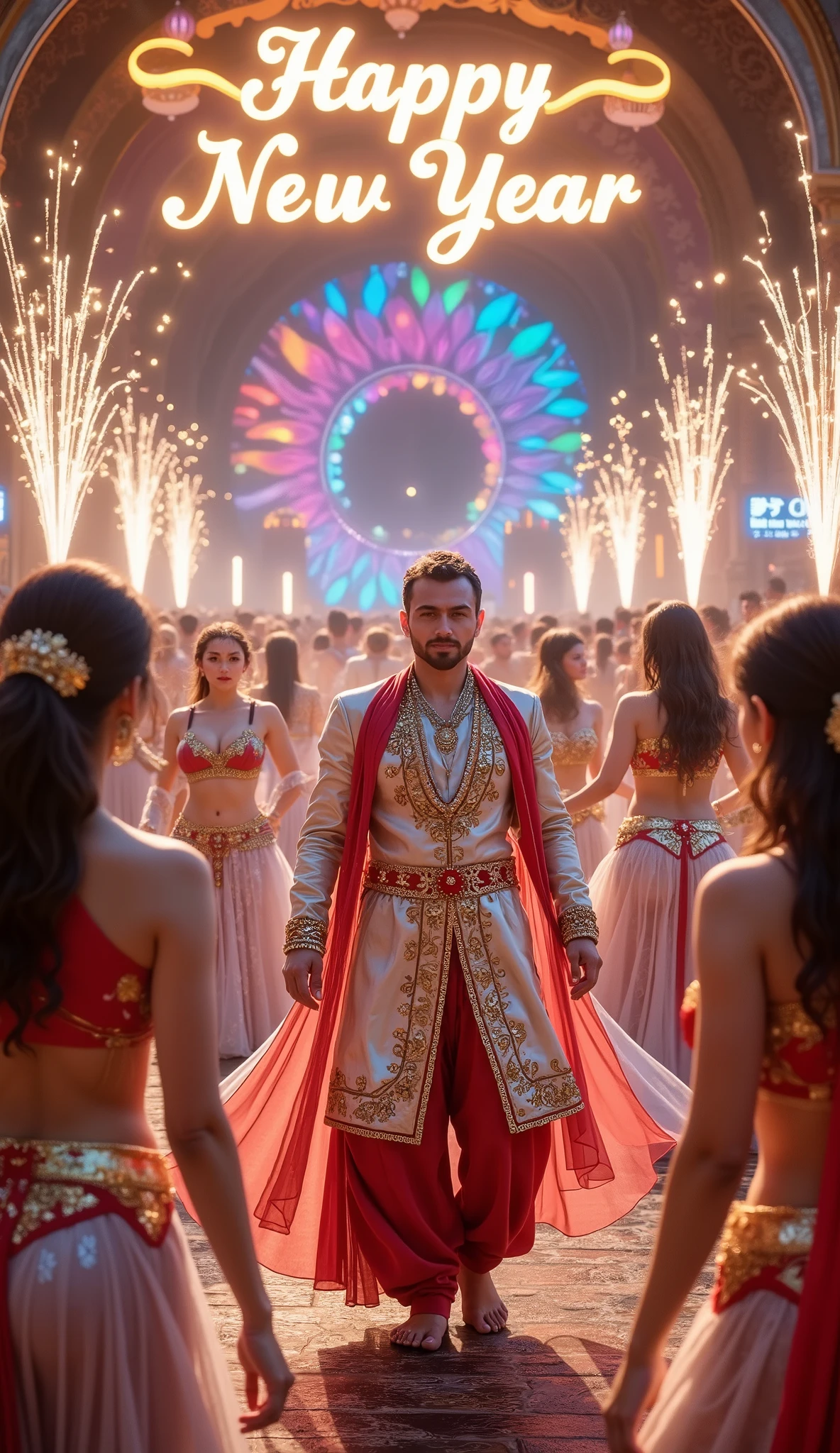 8K resolution, masterpiece, Highest quality, Award-winning works,
Indian new year party, bollywood movie, dancing maharaja, lots of firecrackers bursting, mayhem, princess and several dancers dancing in a circle, sexy belly dance, belly dancer, (big banner which says "Happy new year":1.7)