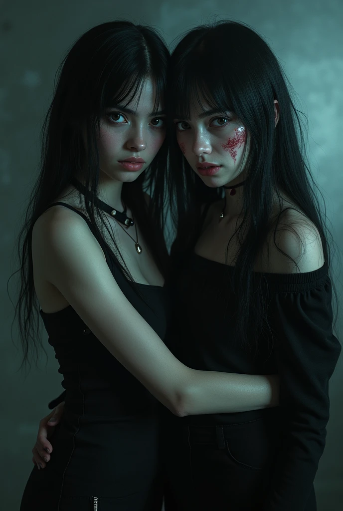 A close-up portrait of a young woman between 25 and 30 years old, with long, black hair, and pale white skin. Her dark green eyes are striking, enhanced by bold makeup. She embodies a rock and gothic style, with an alternative edge. The expression on her face is confident and enigmatic, capturing the essence of a strong and mysterious character. The background is subtle, allowing her fierce look and alternative fashion to stand out, in harmony with the dark and artistic content of the Instagram profile.