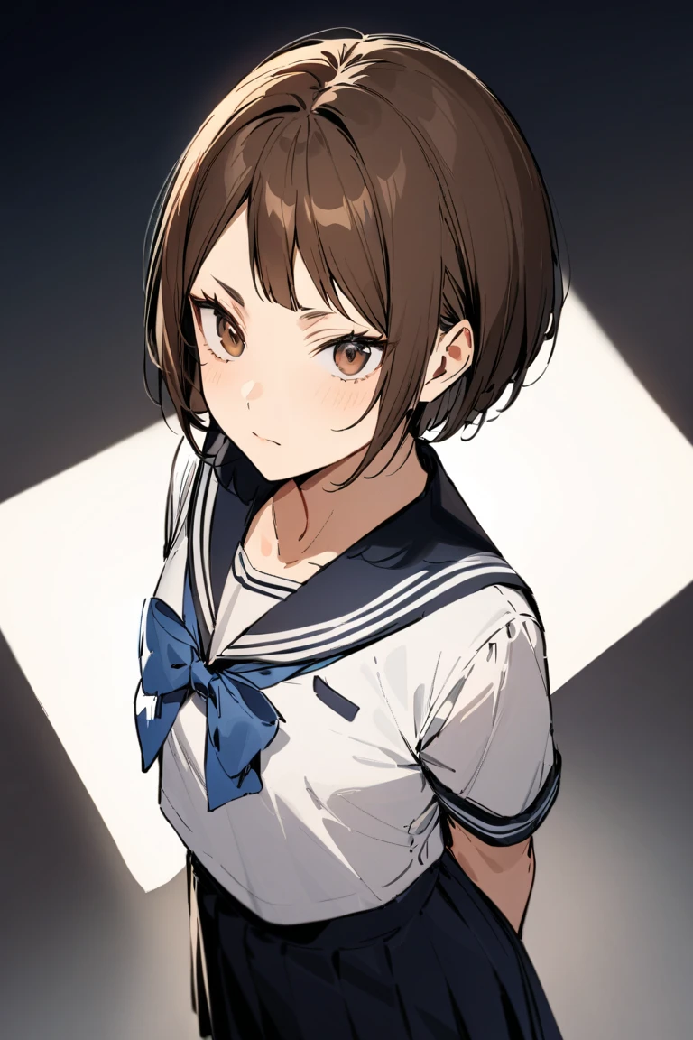 (masterpiece, best quality, high quality, highres, ultra-detailed), haikyuu character, 1girl, solo, looking at viewer, short brown hair in a pixie bob haircut, sparse bangs up to the eyebrows, dark brown eyes, rounded face, 163.6 cm, small rounded chest, rectangle figure, a sailor uniform consisting of a white blouse attached with a sailor-style collar with a dark lining, a blue bow, and a dark-colored pleated skirt