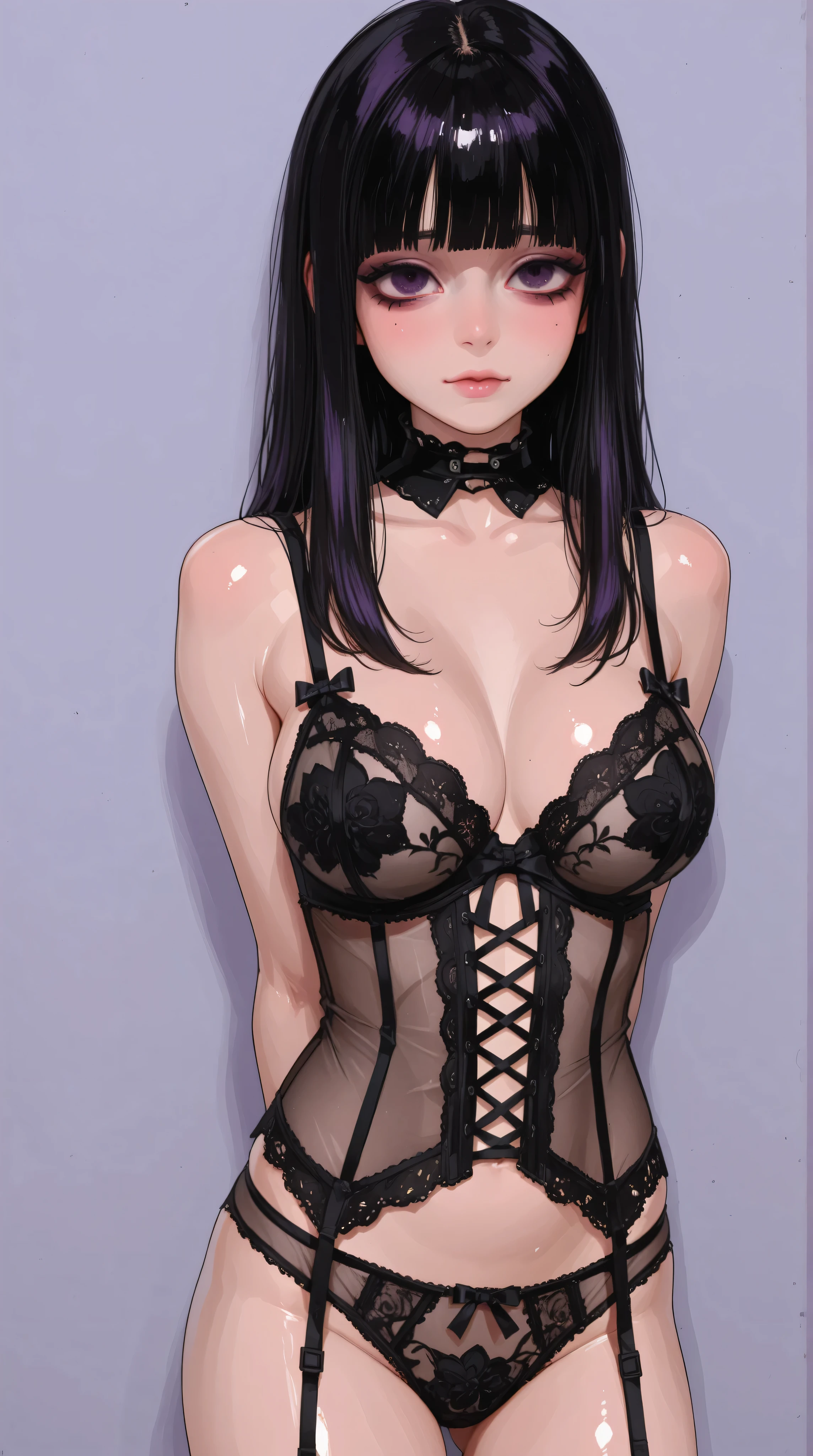 young asian girl, perfect breasts, arms behind back, lingerie, goth girl, shiny skin,