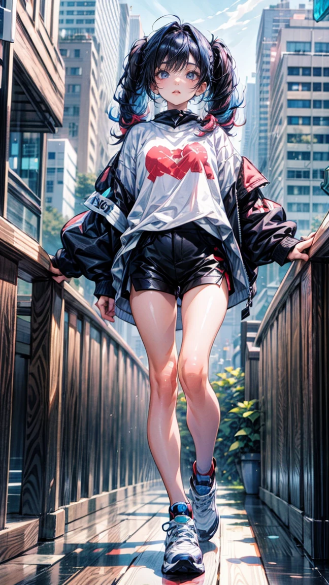 Full body view, woman standing confidently, 8K resolution, high detail, around 20 years old, (one female:1.5), vibrant-colored hair, twin tails, straight eyebrows, sanpaku eyes, upturned eyes, vivid pink irises, simple outfit, unique t-shirt, black shorts, sneakers, big city:1.0, buildings, bright blue sky, vivid color, ((UHD, masterpiece, super detail, best quality, highres, 8k)), (detailed line art), {perfect face, perfect body, perfect hands, perfect feet}