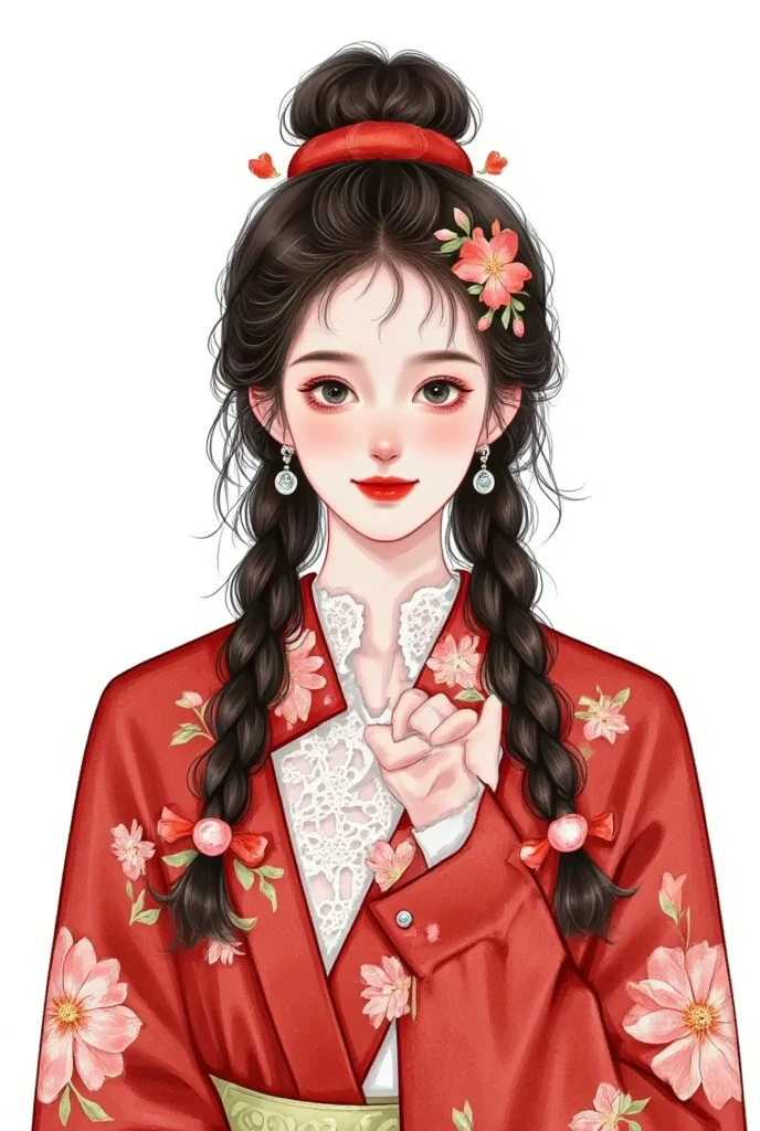 watercolor：  Portrait of a pretty girl   ，red hanfu，clothing。  flowers cover your eyes，   messy hair ，flowing headband