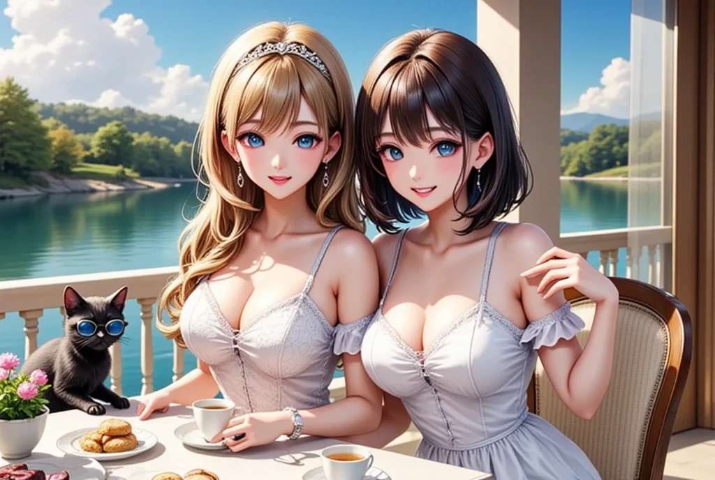 (masterpiece,  top quality :1.2),  2 Girls, Blonde long wavy hair wearing a tiara"European Princess"and the guest, the dark-haired semi-long beauty "Haruna" , The Noble Tea Party  ,  lakeside seen from the balcony , I miss the black cat wearing sunglasses ,  Anime Digital Art Style (( Glitter Effects ))