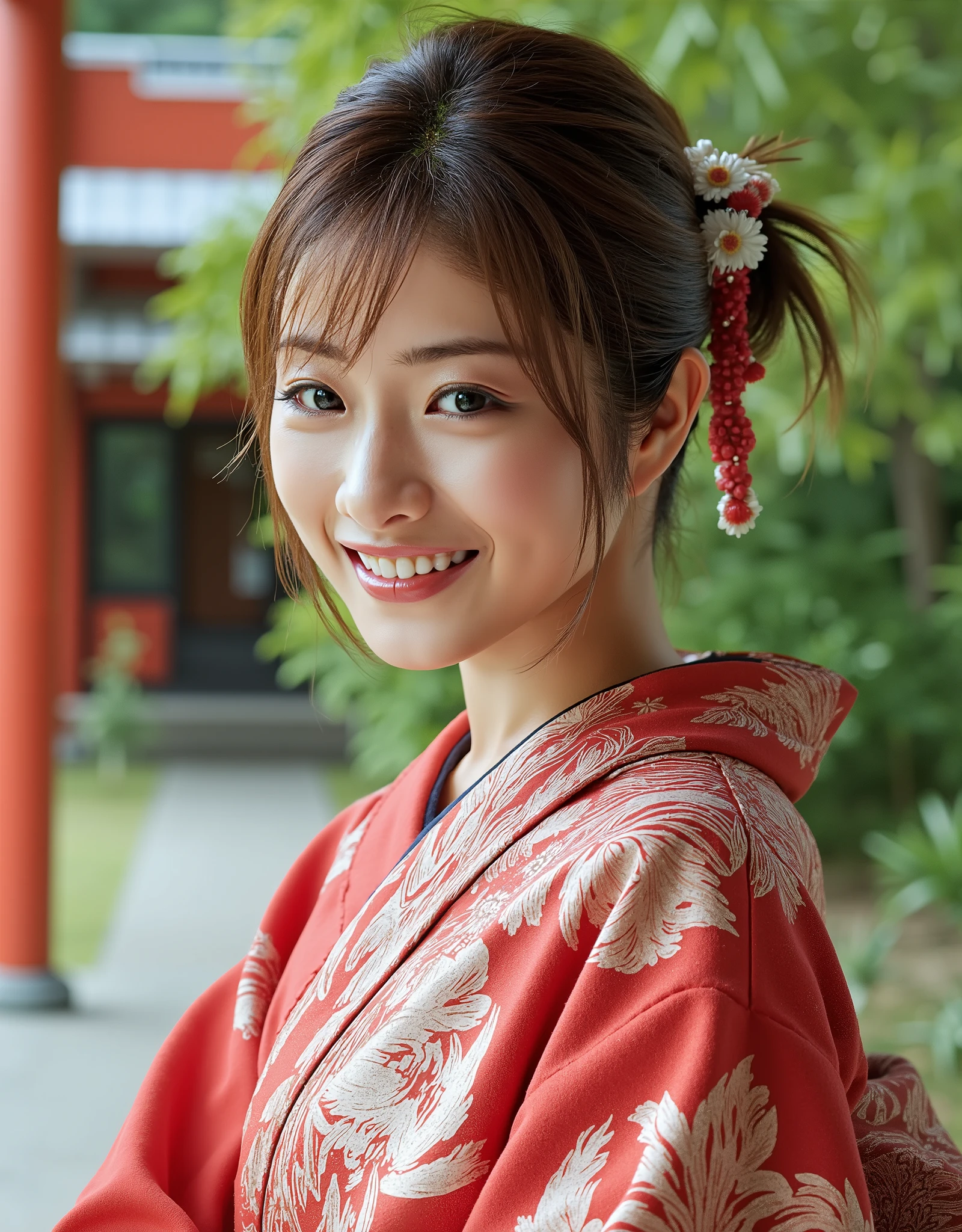 highest image quality taken by Ki、 Photorealistic、 anatomically accurate human body structure、Awareness-raising、 absurd、Professional photography、 upper body shot above the knee 、 Japanese girl standing wearing a gorgeous Japanese kimono、 realistic pictures of the garden、Faces of Japan's Top Actresses 、 Japanese New Year、first visit of the year to a shrine、 Japanese shrines 、New Year's pine decoration、Very bright expression、Smiling Japanese girl 、 Ishihara Satomi、 High Quality 、One young woman、38 years old very cute woman、Height: 157cm、Slim slender figure 、 watching here、 is staring at me with kind eyes、Japan's gorgeous and beautiful red sunny clothes 、 wearing beautiful Japanese kimonos 、I can see a gorgeous and beautiful Japanese kimono obi 、Very beautiful hair ornament 、With bangs、Hairstyles that match kimonos 、 detailed and realistic eyes、 beautiful catchlight on the eyes、 detailed and realistic long eyelashes 、 detailed and realistic eyebrows 、 detailed and realistic moisturized lips 、Detailed and beautiful black hair 、 only one woman and no others 、Show your hands as little as possible、Accurate hand shape、Accurate finger count、Accurate hand finger shape 、