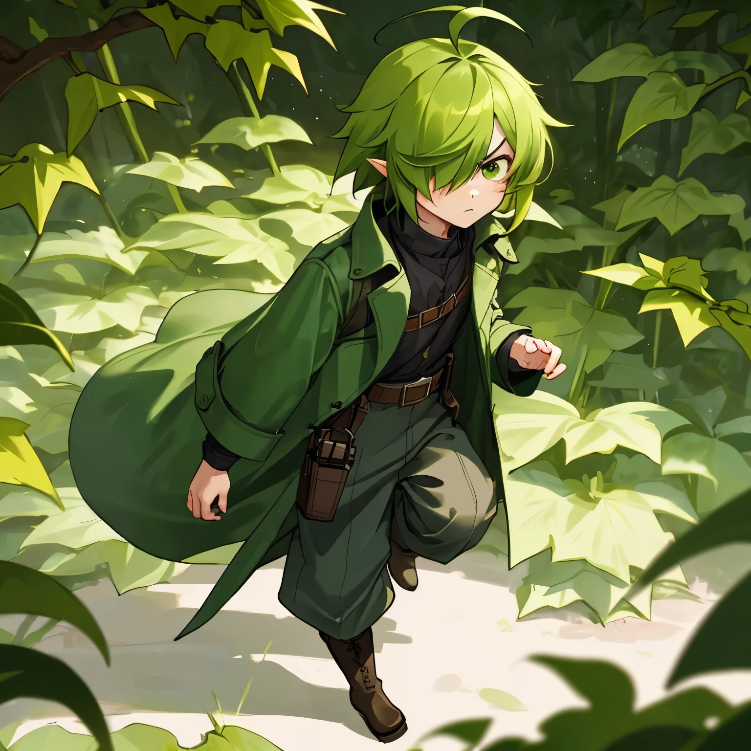 (boy), Dryad, green ivy hair, green eyes, short cut, side part, ahoge, hair over one eye, thin eyebrows, glaring, serious look, mad, grumpy, young, alone, short, Shota, overall, coat, long boots, plant hair accessory, wide pants, harness, fingerless glove, belt, Solo
