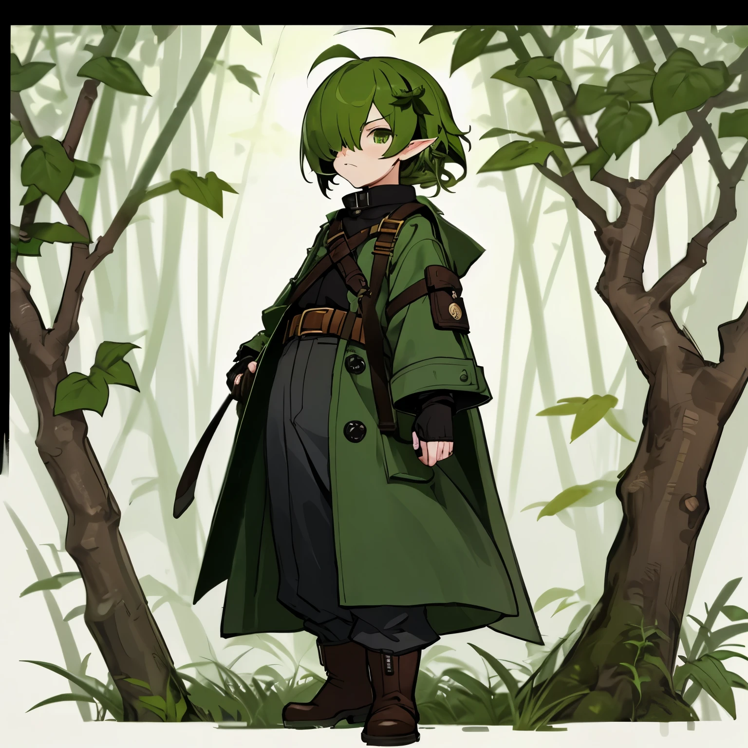 (boy), Dryad, green ivy hair, green eyes, short cut, side part, ahoge, hair over one eye, thin eyebrows, glaring, serious look, mad, grumpy, young, alone, short, Shota, overall, coat, long boots, plant hair accessory, wide pants, harness, fingerless glove, belt, Solo
