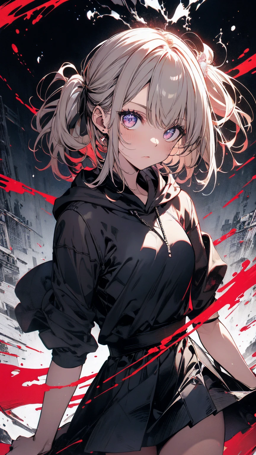 Remembrance, psycho girl, big blue eyes, wolfcut, brown air, black sweater,black and red background, blood, light skin