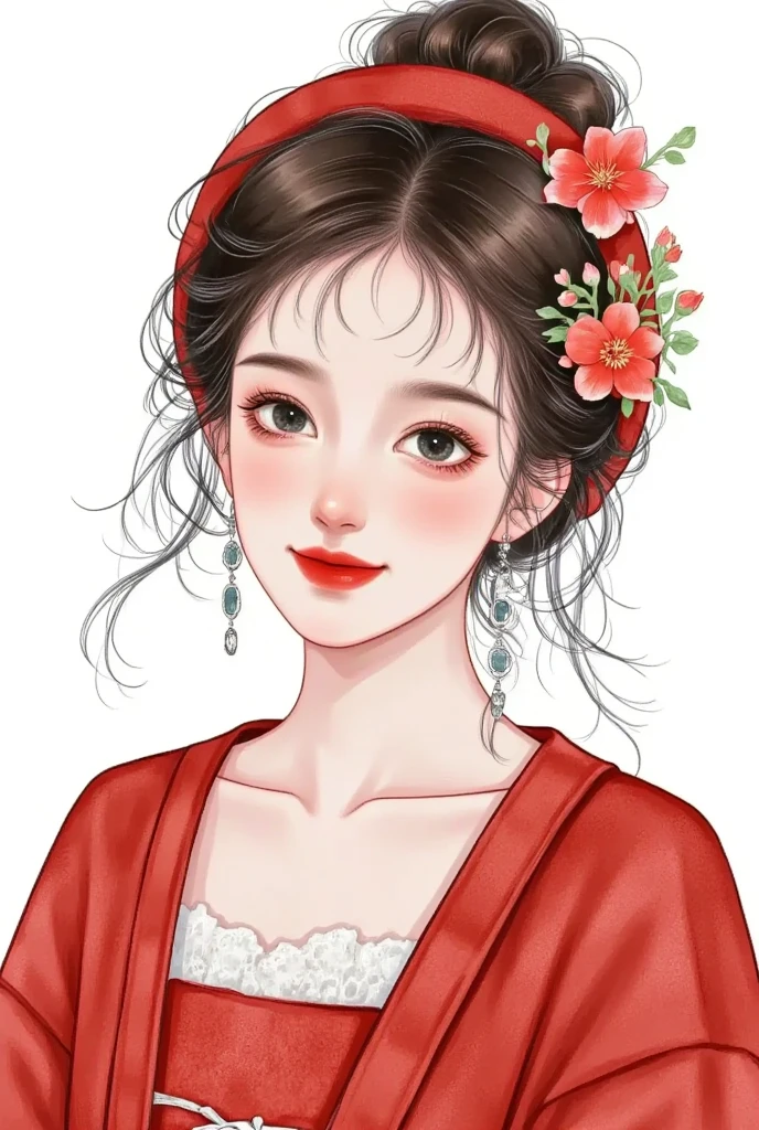 watercolor：  Portrait of a pretty girl   ，red hanfu，clothing。  flowers cover your eyes，   messy hair ，flowing headband，Selfie