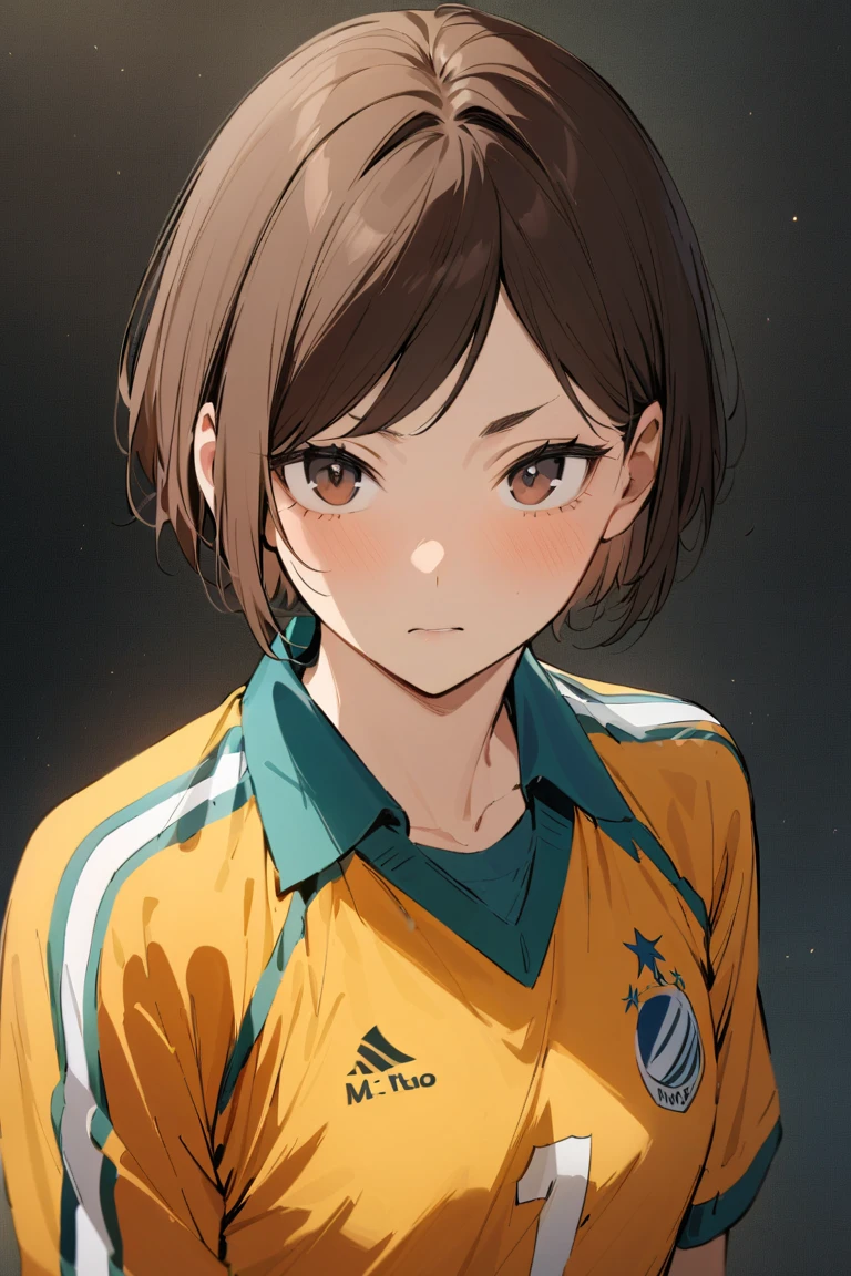 (masterpiece, best quality, high quality, highres, ultra-detailed), haikyuu character, 1girl, solo, looking at viewer, short brown hair in a pixie bob haircut, sparse bangs up to the eyebrows, dark brown eyes, rounded face, 163.6 cm, small rounded chest, rectangle figure, a yellow tracksuit with white details (Johzenji High volleyball club's uniform)