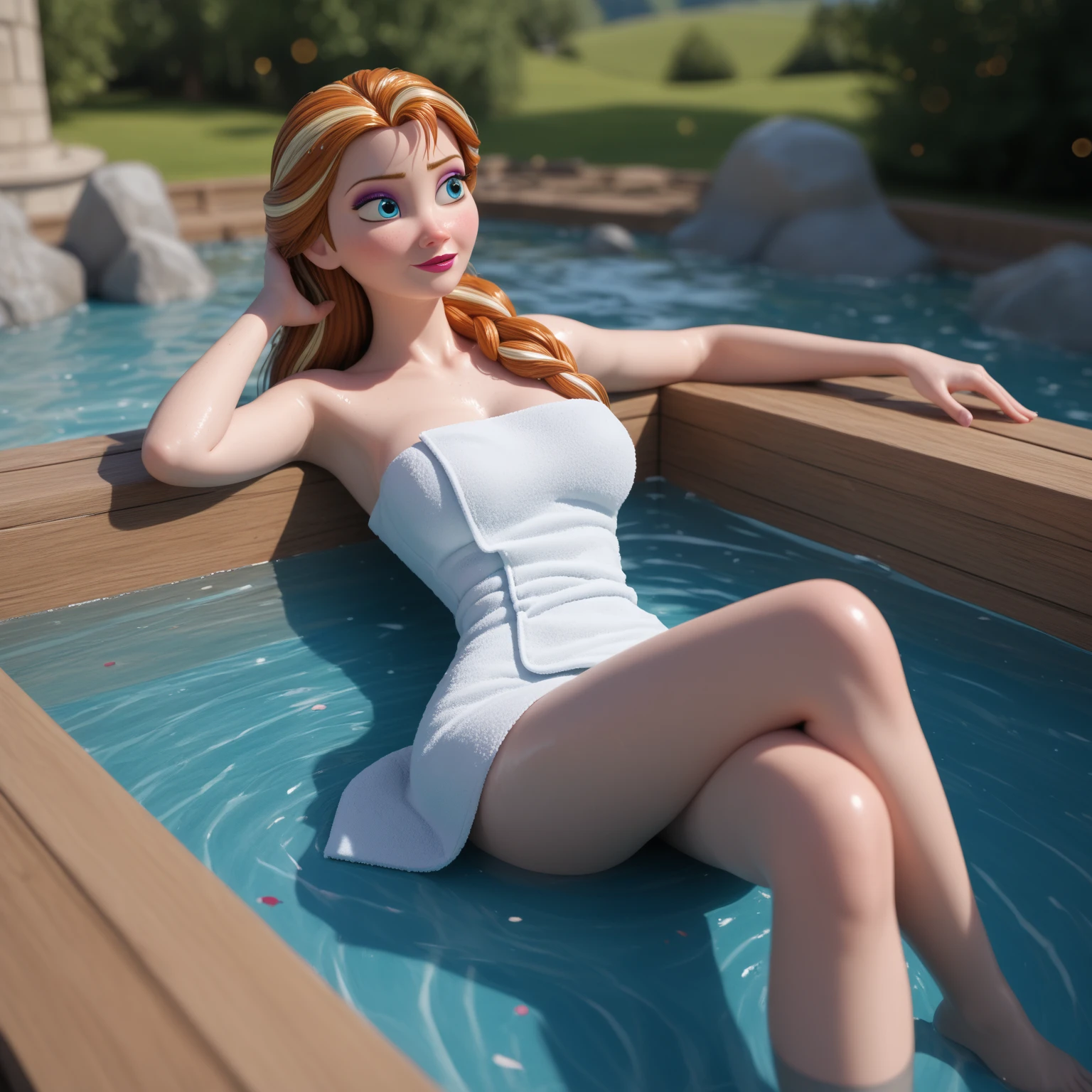 woman\(frozen\),Pixar style,frozen \(Disney\),castle,royalty,1 ,hair with golden highlights , long hair ,eye reFlection,motion blur,wet towel,parcialmente submersa na water, legs under d &#39;water,water reFlections,Distorção da water,water cristalina,
Blender \(average\),breasts, narrow waist ,skin imperFections,Disney,towel wrap,towel,not_towel,looking above, leaning back , arms relaxed beside , realistic and intricate hair ,sitting, outdoor,
soFt blur,eyeshadow,blurry Foreground object,exterior window ,medieval,onsen (waters termais),toys,jewelry,crossed  legs under d &#39;water,vapor,arm above,
bokeh effect,depth oF Field,doF,F/2. 8 macro photo ,absurdities, highres icon, High resolution ,shadow,score_9,score_8_above,score_7_above, looking to the side ,solo Focus,