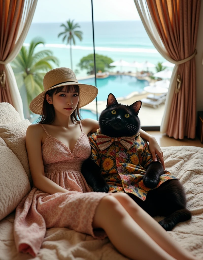 ultra-realistic, photorealistic, dramatic scene, shadow, global-illumination, solo, 1 girl\( 20 years old Japanese beautiful girl, beautiful with cute face, wearing a cute patterned one-piece dress with long skirt, pastel camisole, shoulder-length brown hair, accessories, elegant hat\), 1 human-like giant black cat\( human-like giant black cat, bow tie, wearing a conservative aloha-shirt, slight taller than the girl, with her, wearing an dark colored aloha-shirt, holding a large suits case, little chubby\), the girl and human-like giant black cat are lying on the gorgeous bed at the suite room of the luxury resort hotel in Maldives, gorgeous stylish furnishings, famous 5-star hotel, amazing view of the ocean with private beach and small private swimming pool from the large window