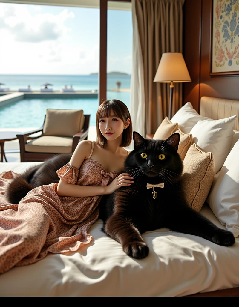 ultra-realistic, photorealistic, dramatic scene, shadow, global-illumination, solo, 1 girl\( 20 years old Japanese beautiful girl, beautiful with cute face, wearing a cute patterned one-piece dress with long skirt, pastel camisole, shoulder-length brown hair, accessories, simple sneaker, elegant hat\), 1 human-like giant black cat\( human-like giant black cat, bow tie, wearing a conservative aloha-shirt, slight taller than the girl, with her, wearing an dark colored aloha-shirt, holding a large suits case, little chubby\), the girl and human-like giant black cat are standing at reception of the luxury resort hotel in Maldives, gorgeous stylish furnishings, famous 5-star hotel,