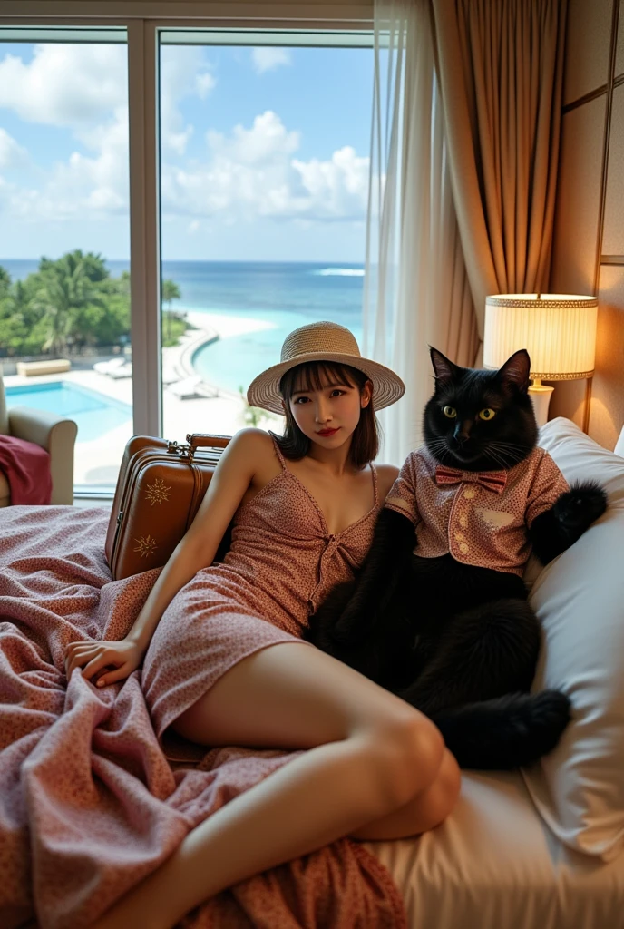 ultra-realistic, photorealistic, dramatic scene, shadow, global-illumination, solo, 1 girl\( 20 years old Japanese beautiful girl, beautiful with cute face, wearing a cute patterned one-piece dress with long skirt, pastel camisole, shoulder-length brown hair, accessories, elegant hat\), 1 human-like giant black cat\( human-like giant black cat, bow tie, wearing a conservative aloha-shirt, slight taller than the girl, with her, wearing an dark colored aloha-shirt, holding a large suits case, little chubby\), the girl and human-like giant black cat are lying on the gorgeous bed at the suite room of the luxury resort hotel in Maldives, gorgeous stylish furnishings, famous 5-star hotel, amazing view of the ocean with private beach and small private swimming pool from the large window