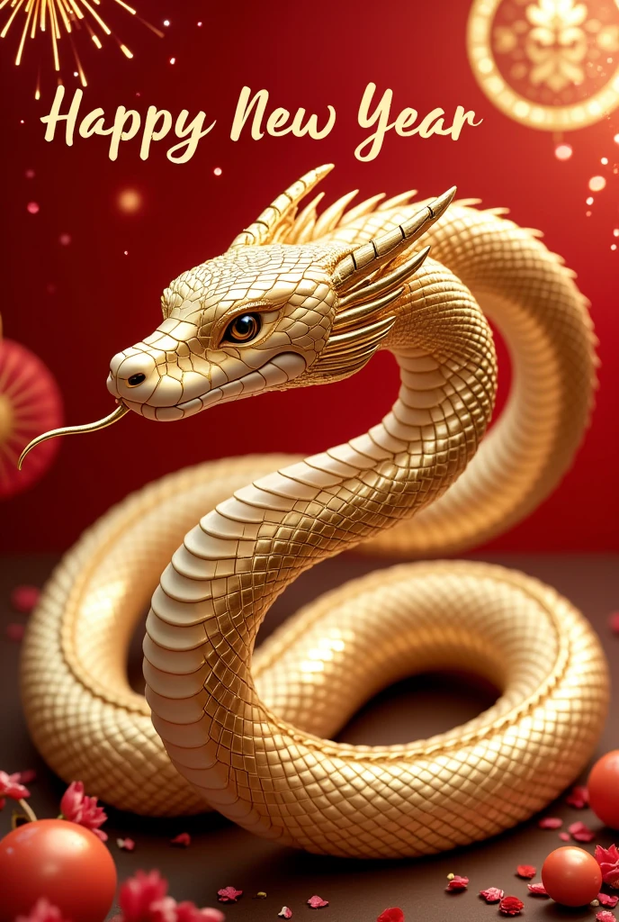 “Realistic Photography, the elegant wording Happy New Year 2025 is beautifully scripted in gold calligraphy. A majestic golden snake coils gracefully, symbolizing the Year of the Golden Snake for New Year’s Eve 2025. Its shimmering scales feature intricate swirling patterns, reflecting light like polished gold. The snake’s poised, regal head has piercing eyes and a forked tongue, exuding power and elegance. The background is a festive blend of red and gold hues, adorned with glowing lanterns, fireworks, and subtle floral motifs. The composition radiates prosperity and renewal, capturing the grandeur and symbolism of the lunar new year in a vibrant, celebratory atmosphere.
