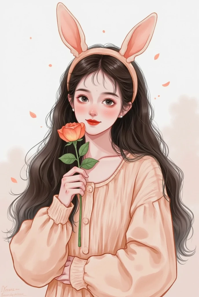 A cute girl wearing rabbit ears, Holding a rose in his hand